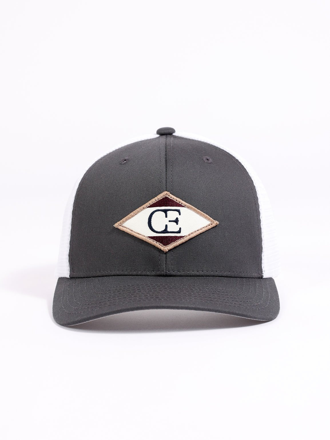 Studio shot of charcoal/white diamond mesh trucker hat |Color:Charcoal/White