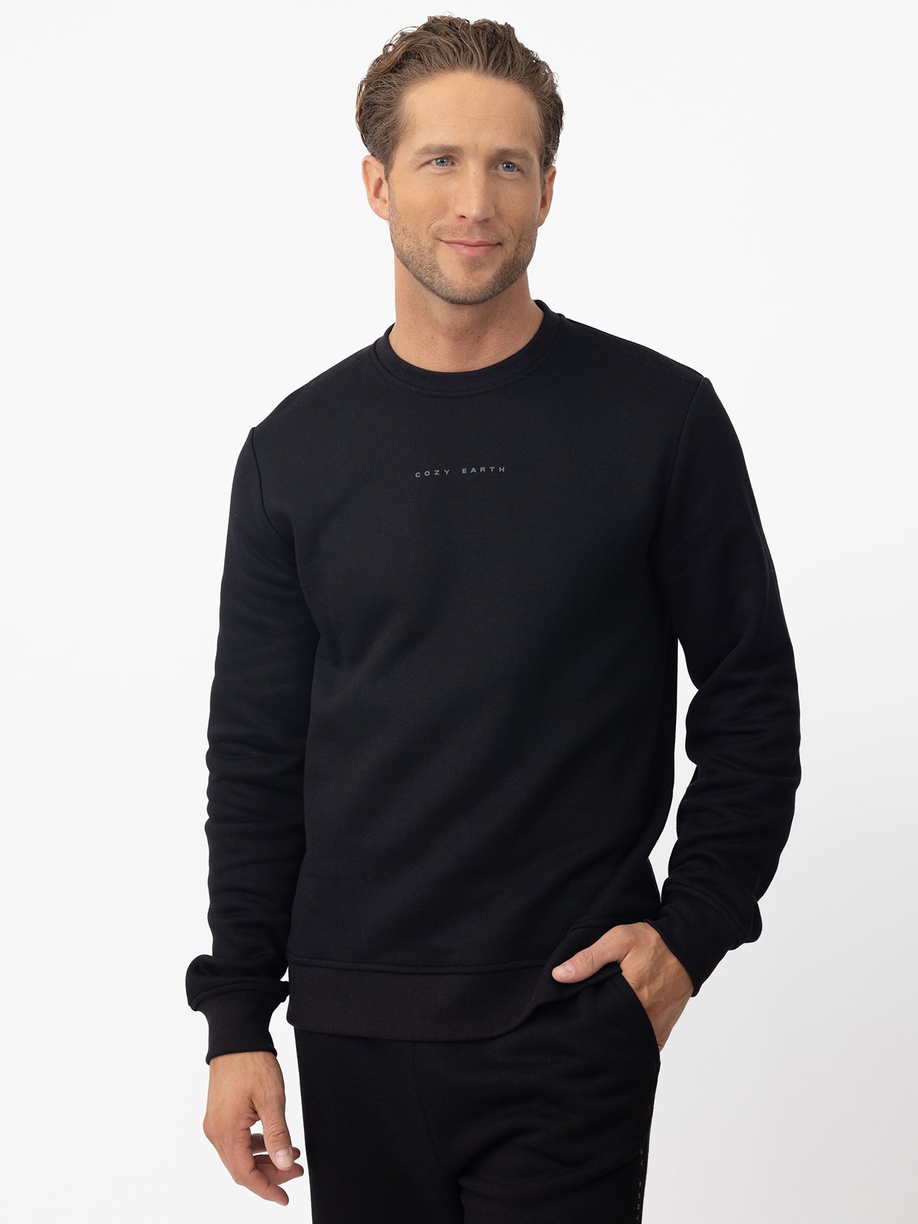 Man wearing black cityscape crewneck with white background |Color:Black