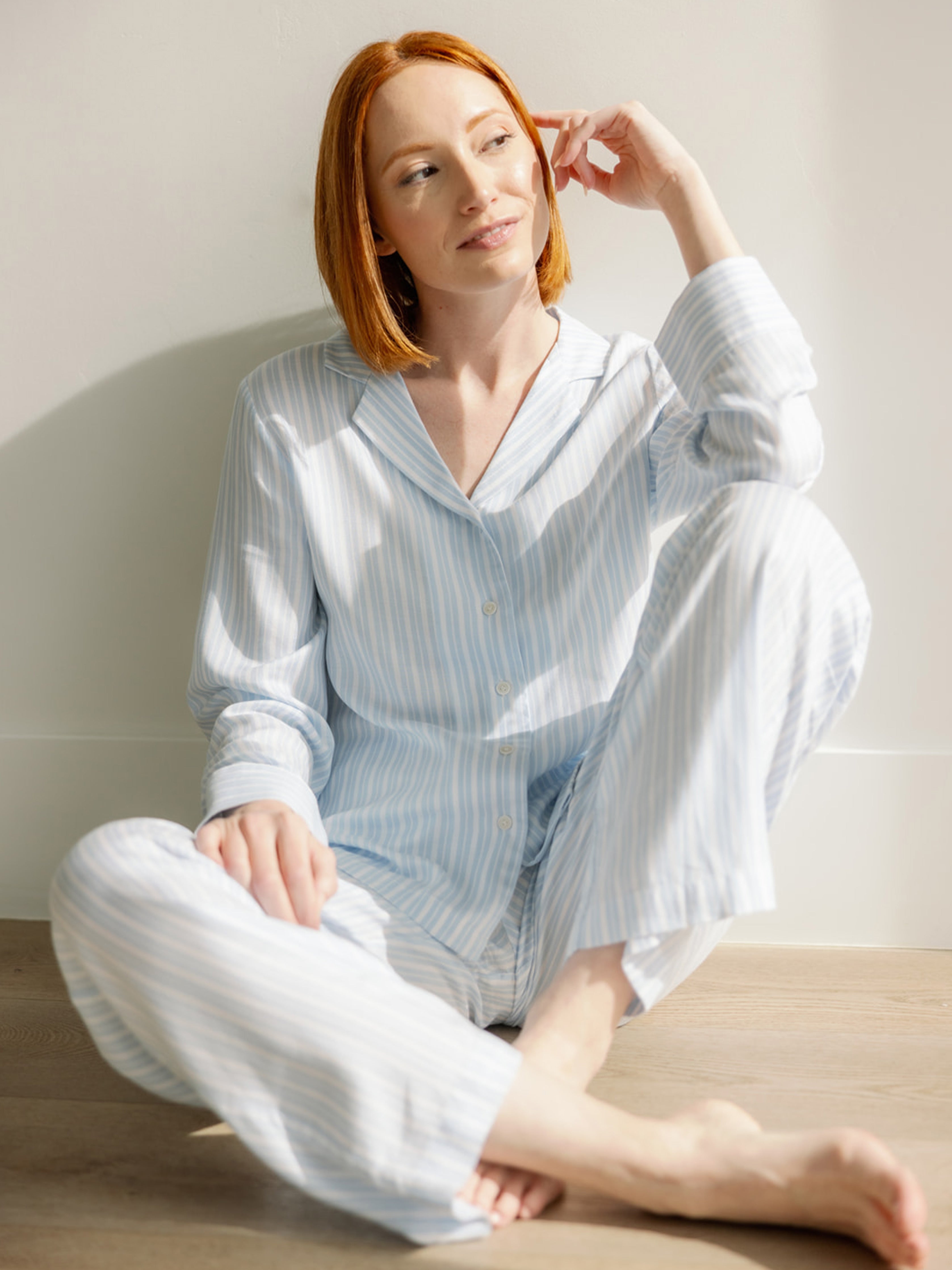 Woman in spring blue stripe pajama set sitting on the floor |Color:Spring Blue Stripe