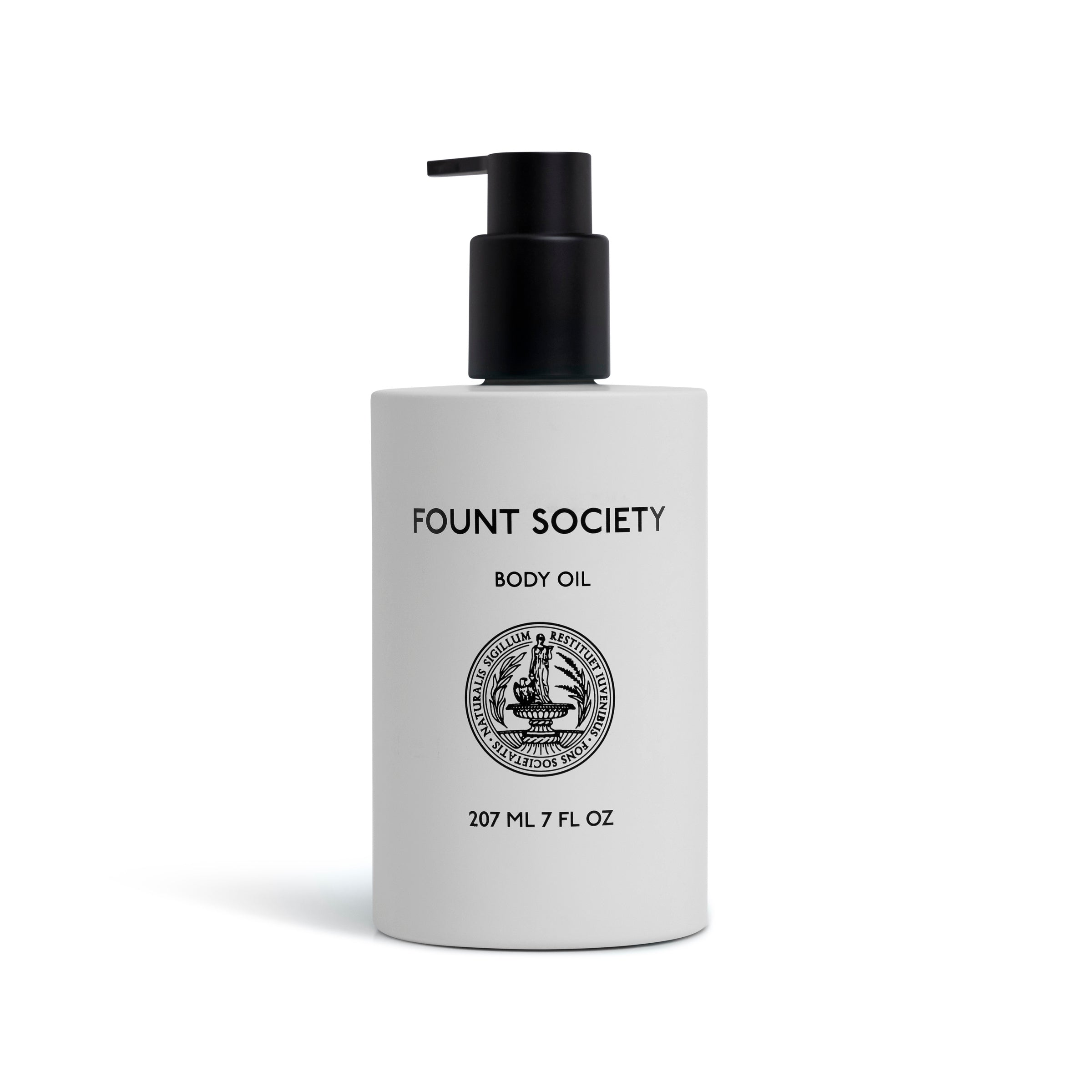 A white bottle of Cozy Earth Body Oil with a black pump dispenser and minimalist black text and logo on the front, containing 207 ml (7 fl oz).