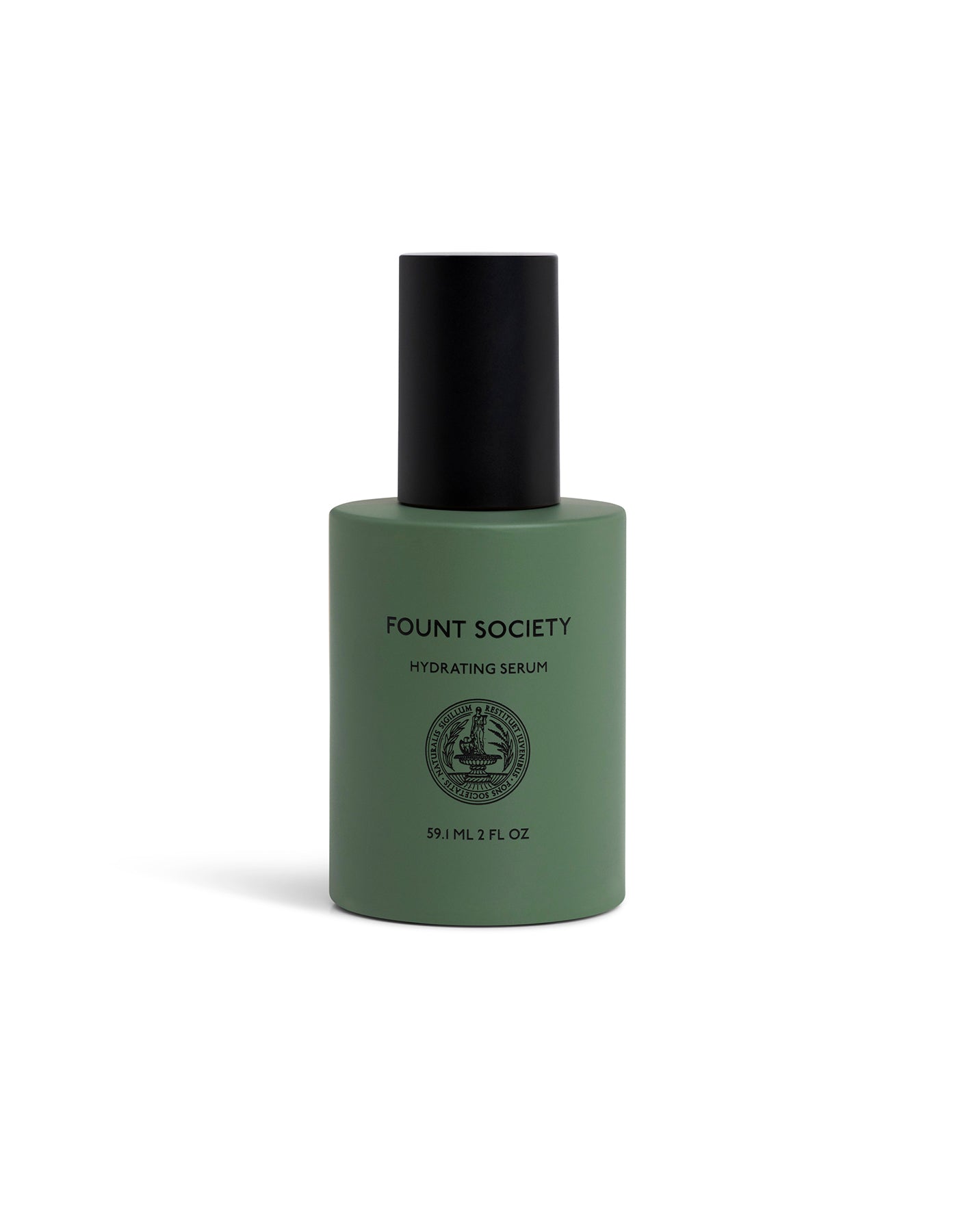 Green serum bottle with black cap on a white background, featuring 'Fount Society' branding.