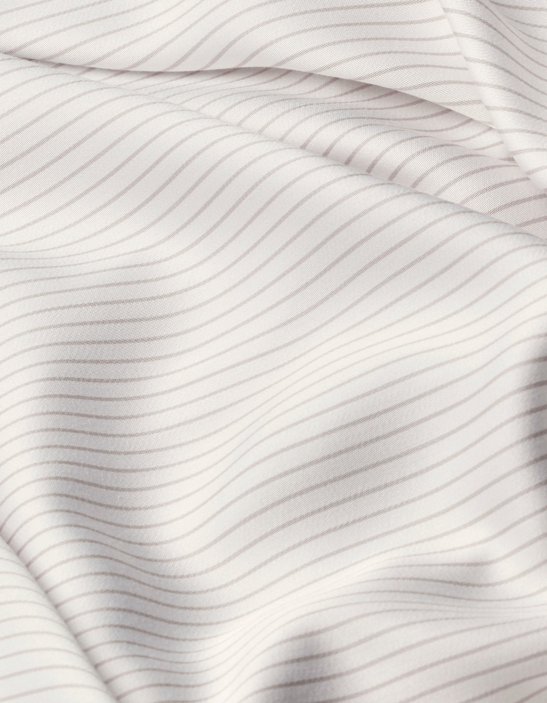 Close-up of Cozy Earth Bamboo Sheet Set’s white fabric with thin, evenly spaced light gray horizontal stripes, featuring soft folds and a smooth texture.|Color:Driftwood Pinstripe