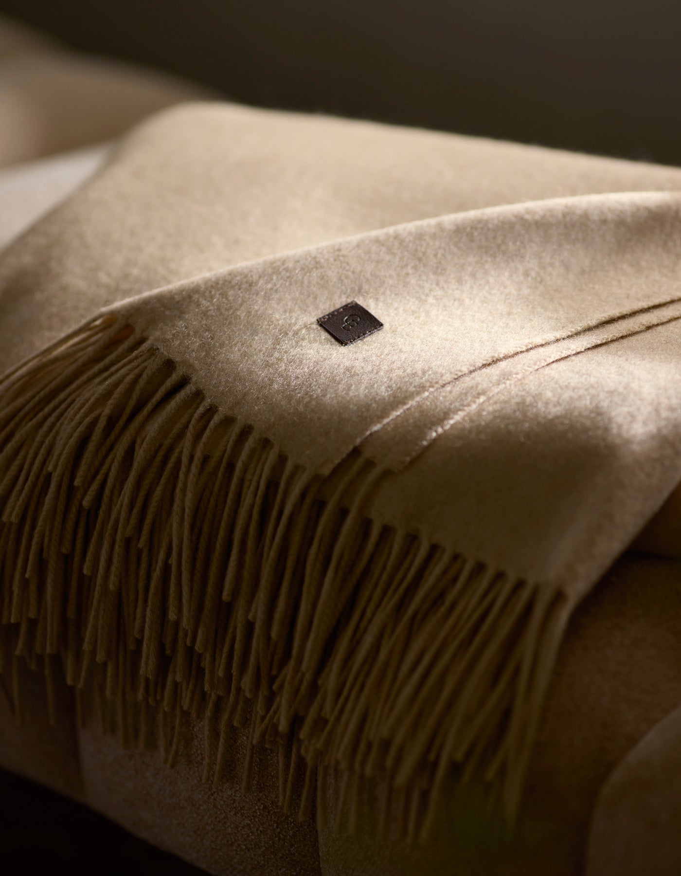 A close-up of the Cozy Earth Cashmere Tassel Throw, a beige cashmere blanket with fringe and a small square leather label, softly lit by natural light.
