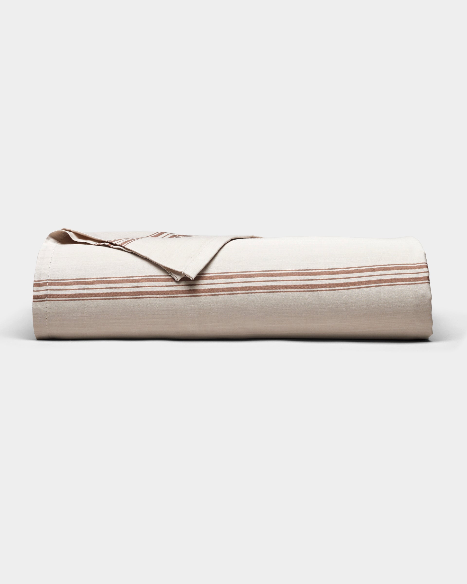 The Cozy Earth Bamboo Sheet Set is neatly folded, featuring a beige color with thin horizontal brown stripes, and displayed against a plain light background.|Color:Baja Stripe in Maple