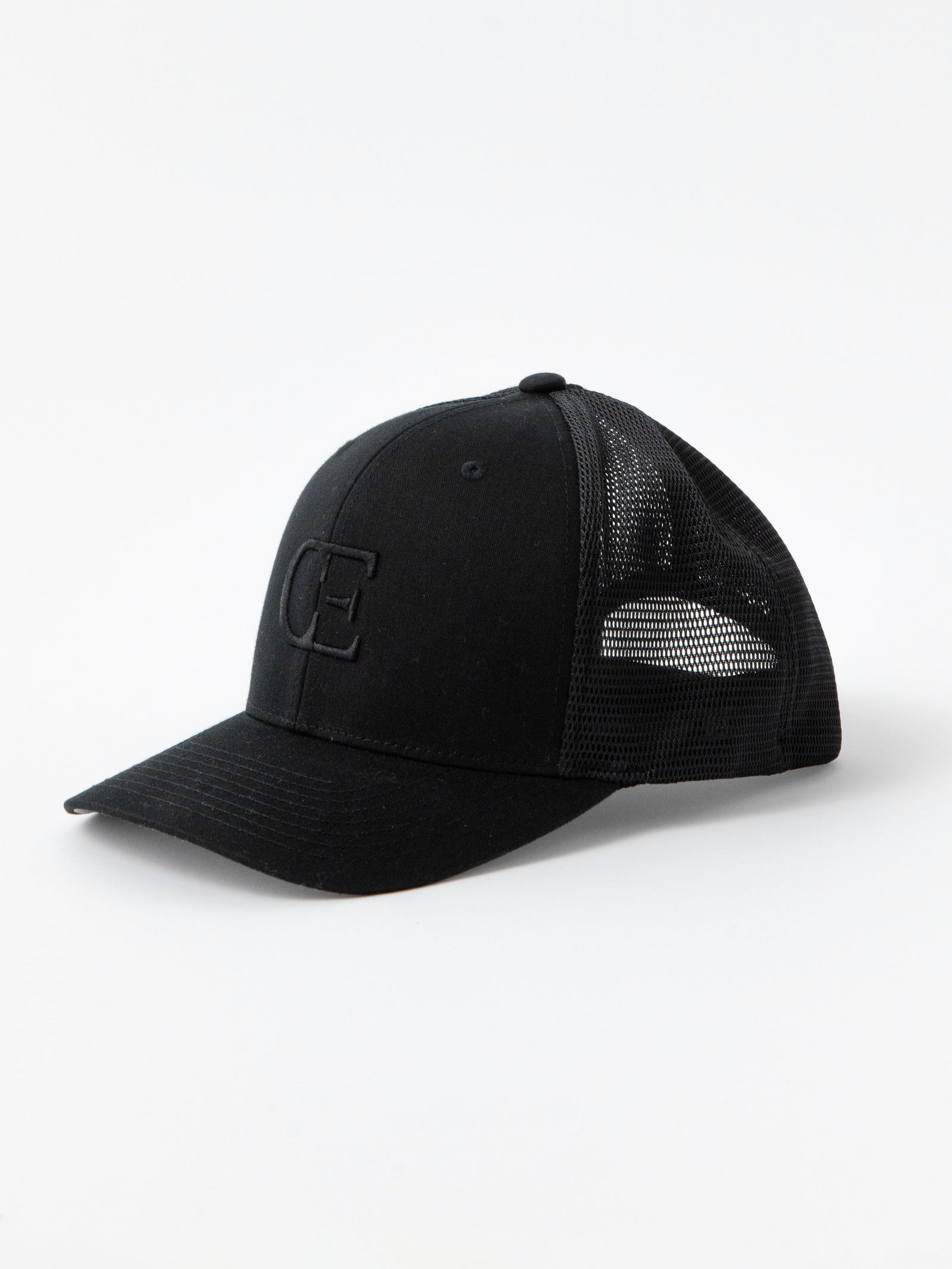 Black cap with a CE logo on a light gray background