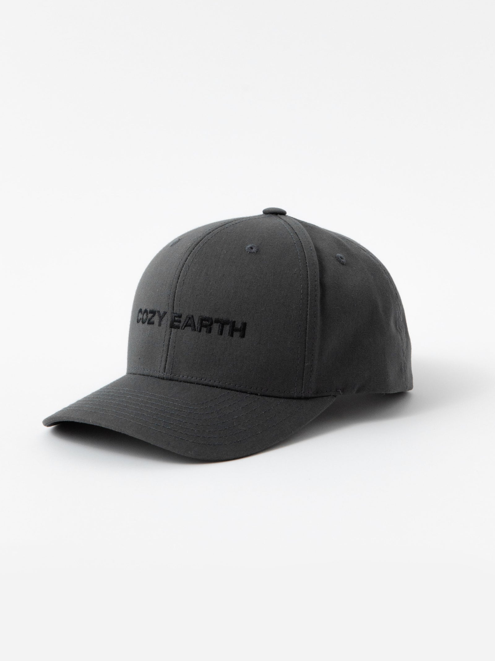 Grey cap with 'COZY EARTH' text on a white background