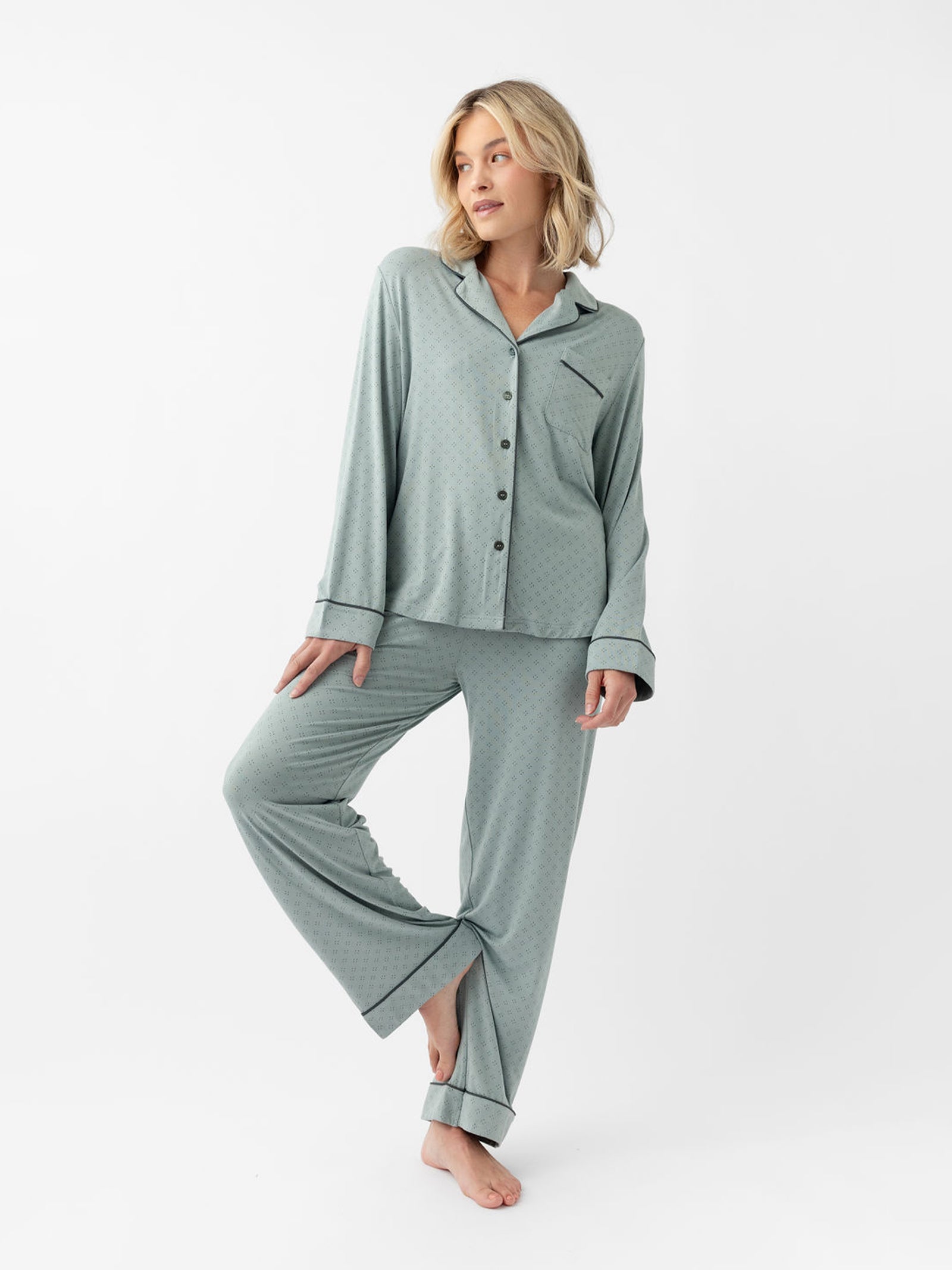 Woman in haze diamond dot pajama set with white background