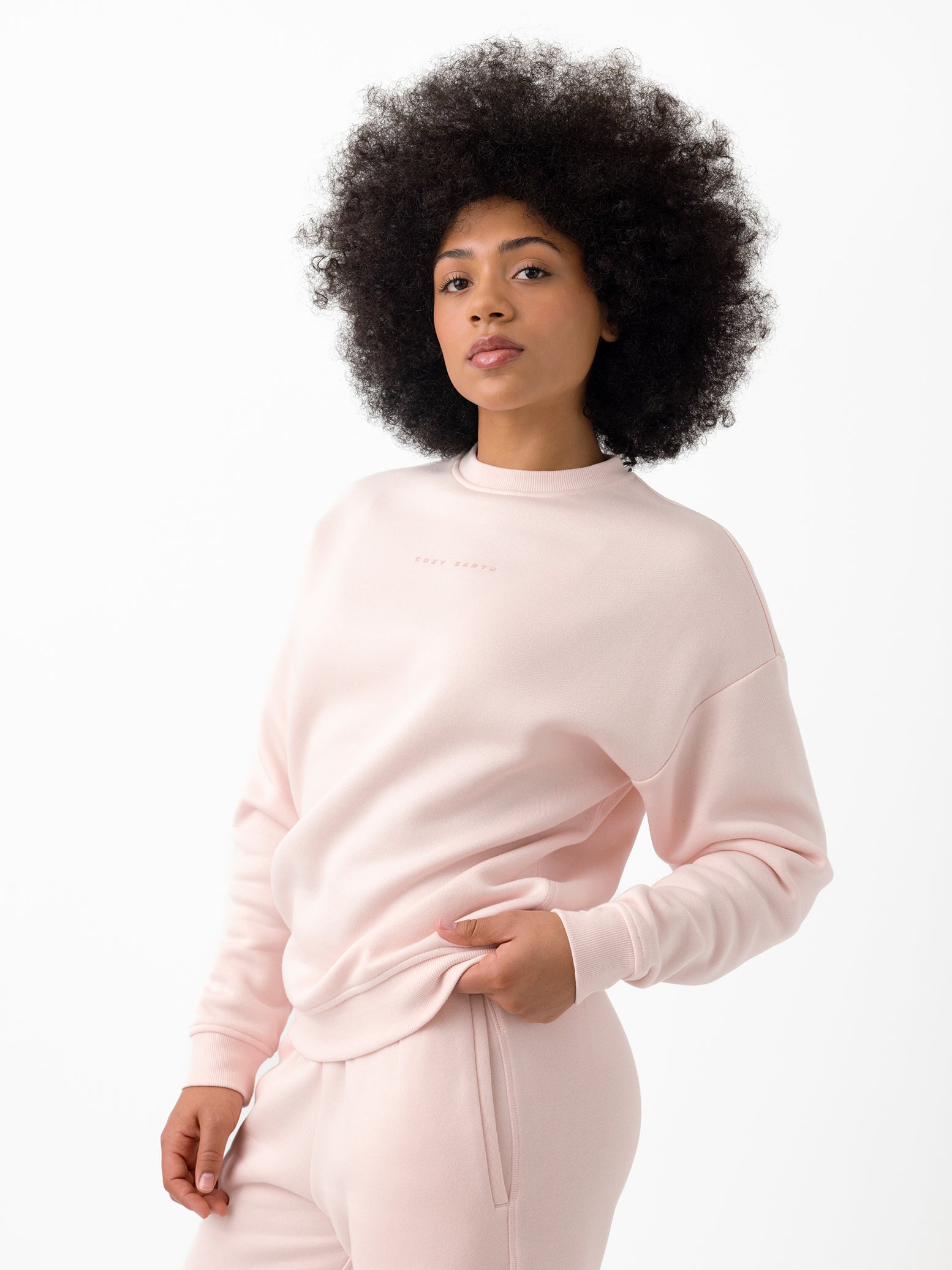 Peony CityScape Pullover Crew. The Pullover is being worn by a female model. Accompanying city scape clothing is being worn to complete the look of the outfit. The photo was taken with a white background. 