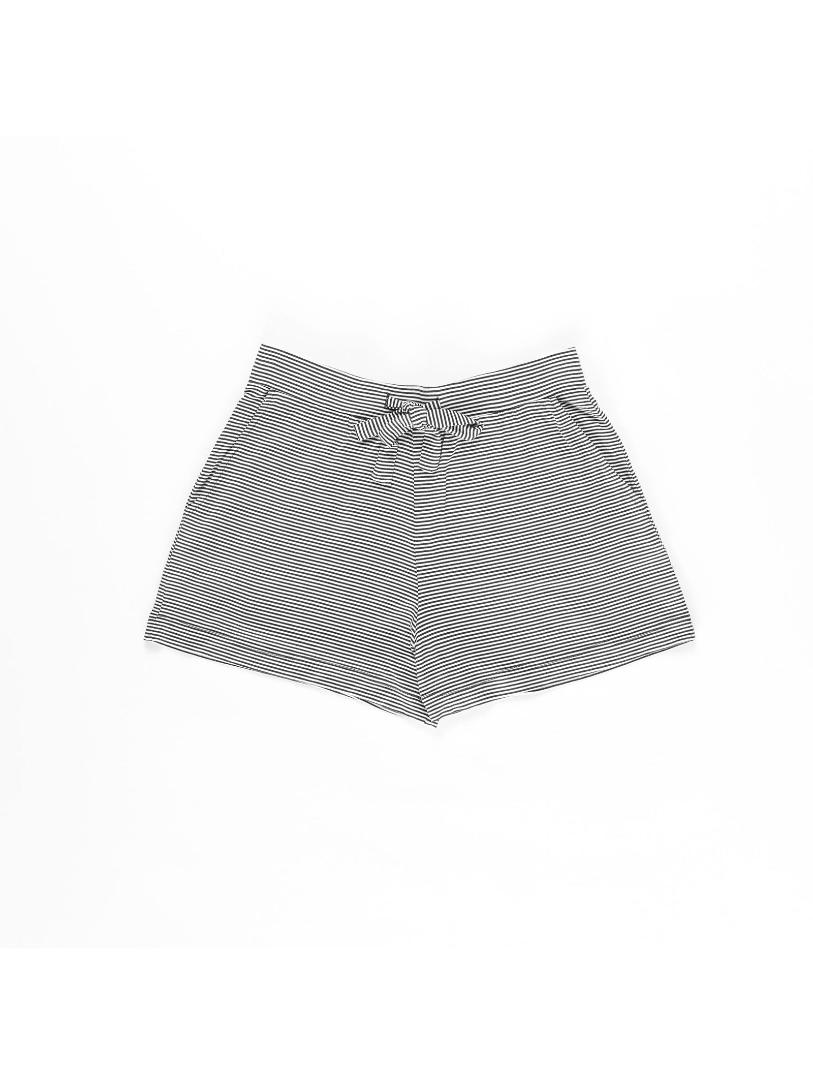 Cozy Earth's Women's Bamboo Stretch-Knit Shorts, featuring gray and white stripes with a waistband bow, are showcased against a white background.