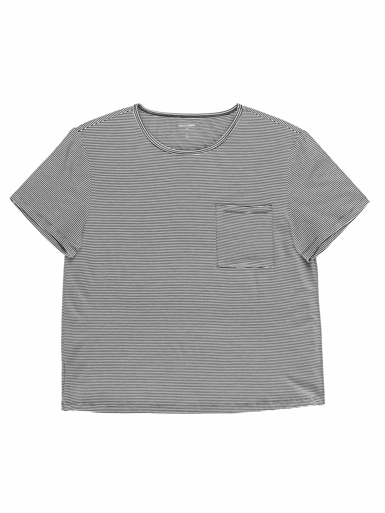 The Women's Bamboo Stretch-Knit Lounge Tee by Cozy Earth is a gray and white striped t-shirt featuring short sleeves, a round neck, and a small left chest pocket. Thin stripes form a subtle pattern across the fabric.