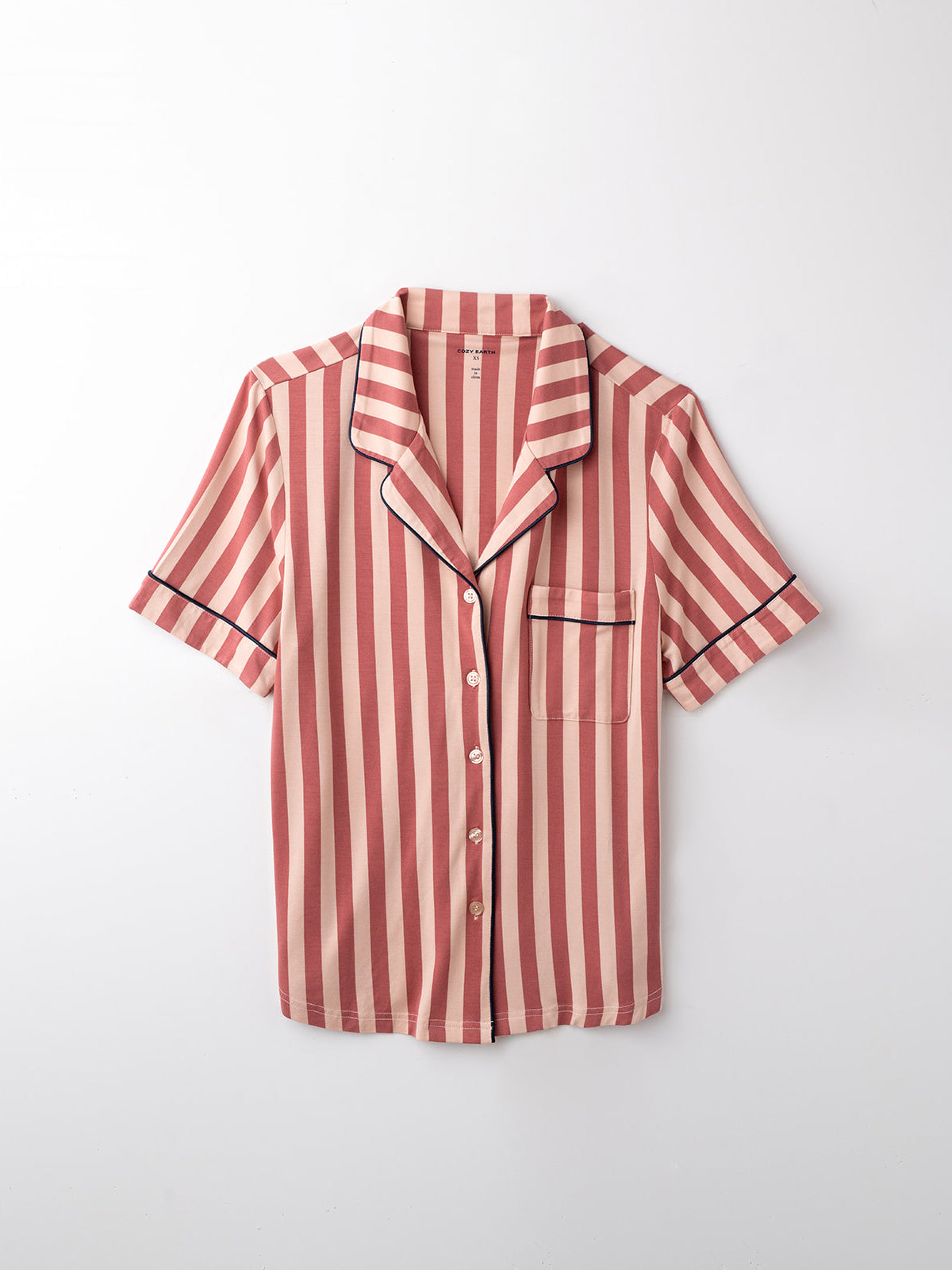 Flat lay of blush stripe pajama top with short sleeves 