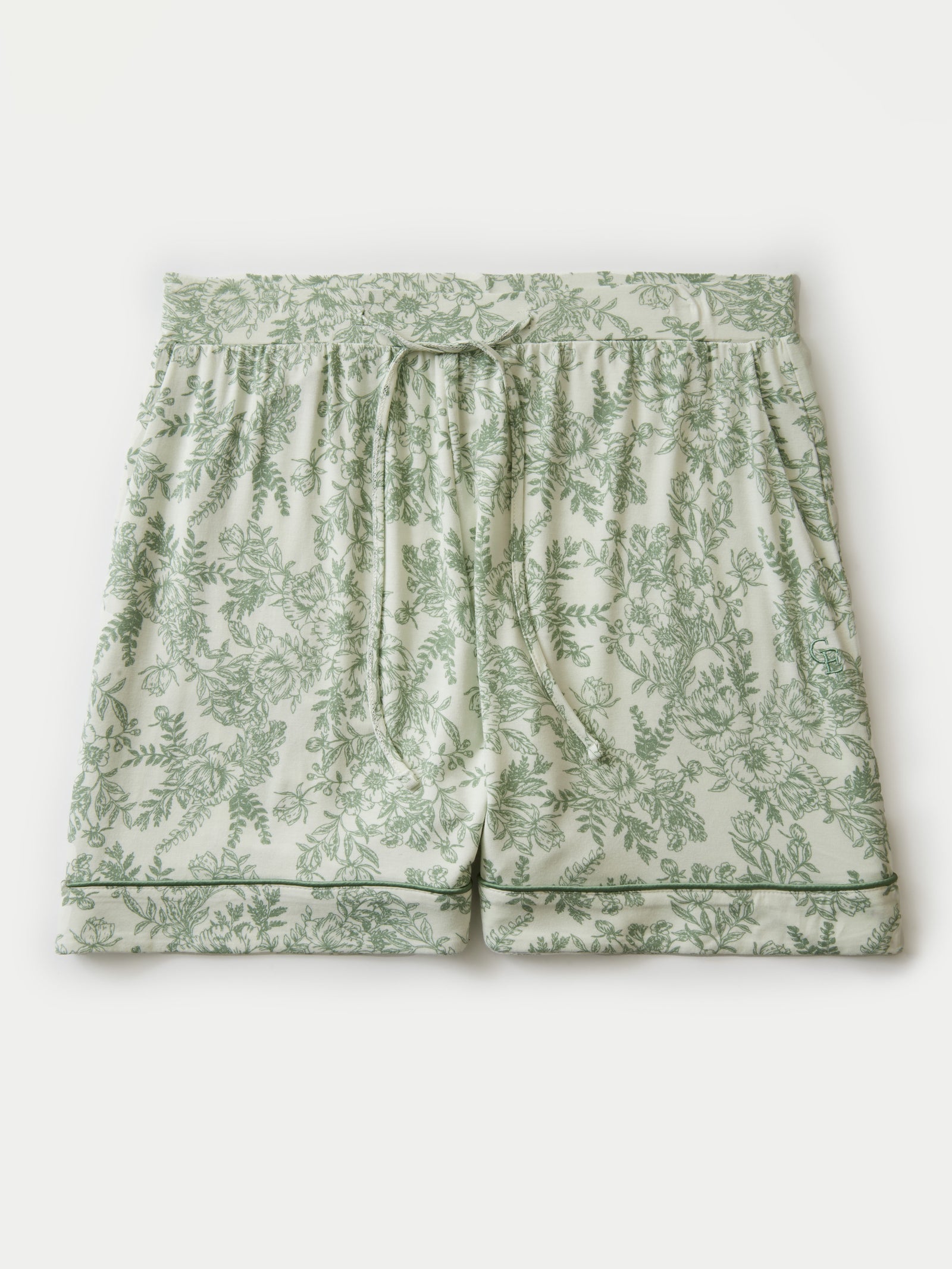 Flat lay of celadon toile pajama shorts