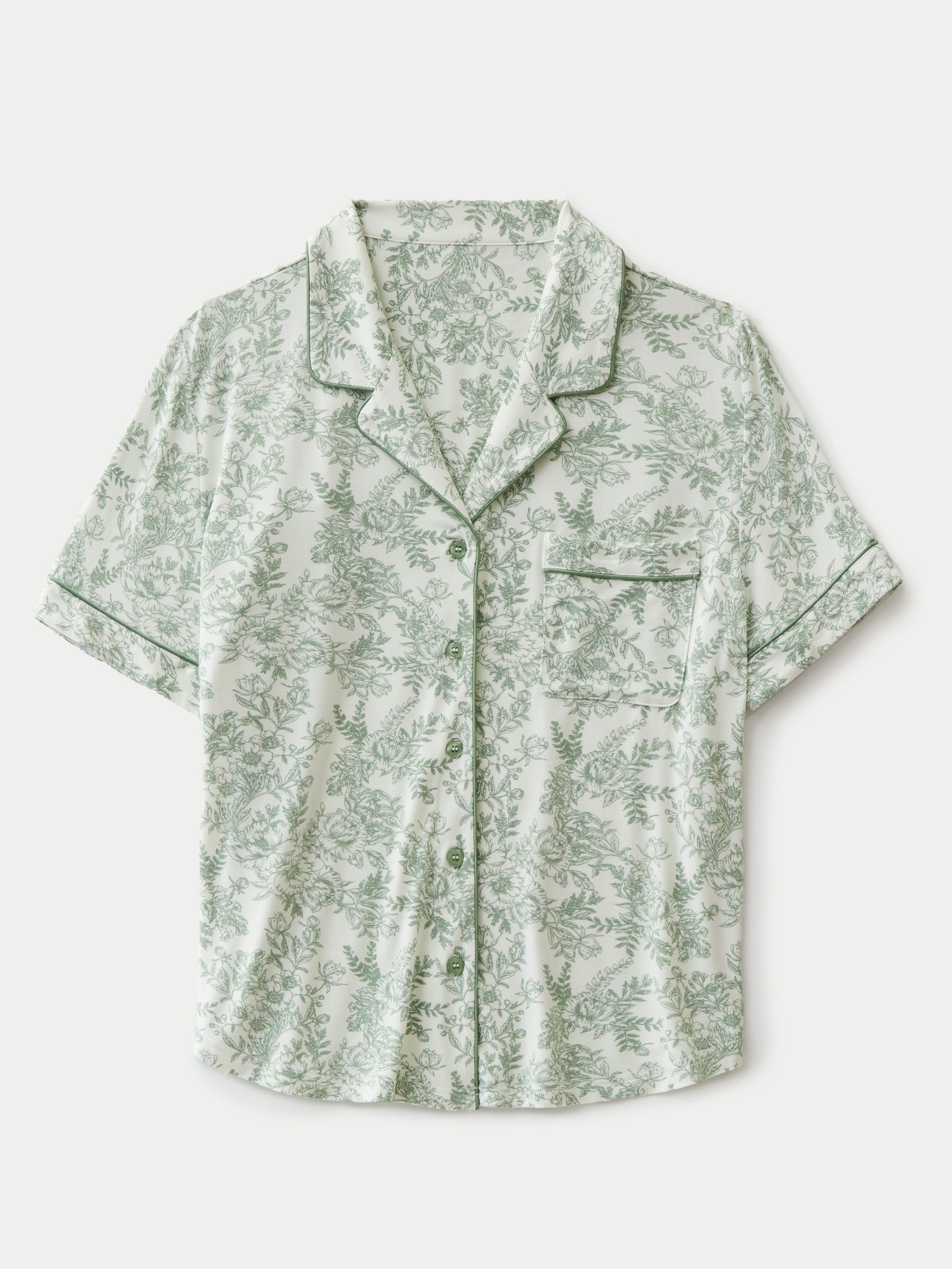 Flat lay of celadon toile short sleeve pajama top