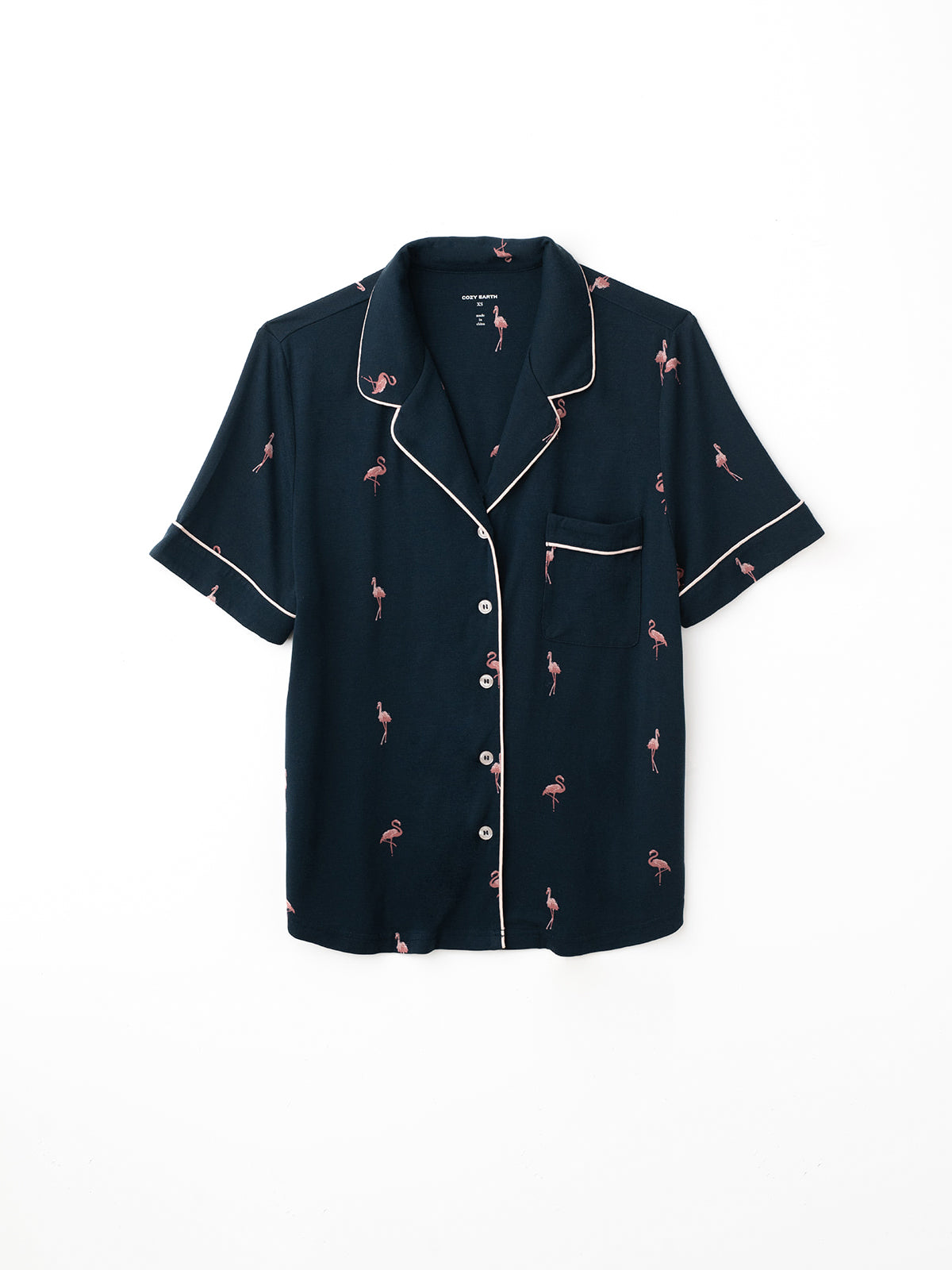 Flat lay of flamingo print short sleeve pajama top