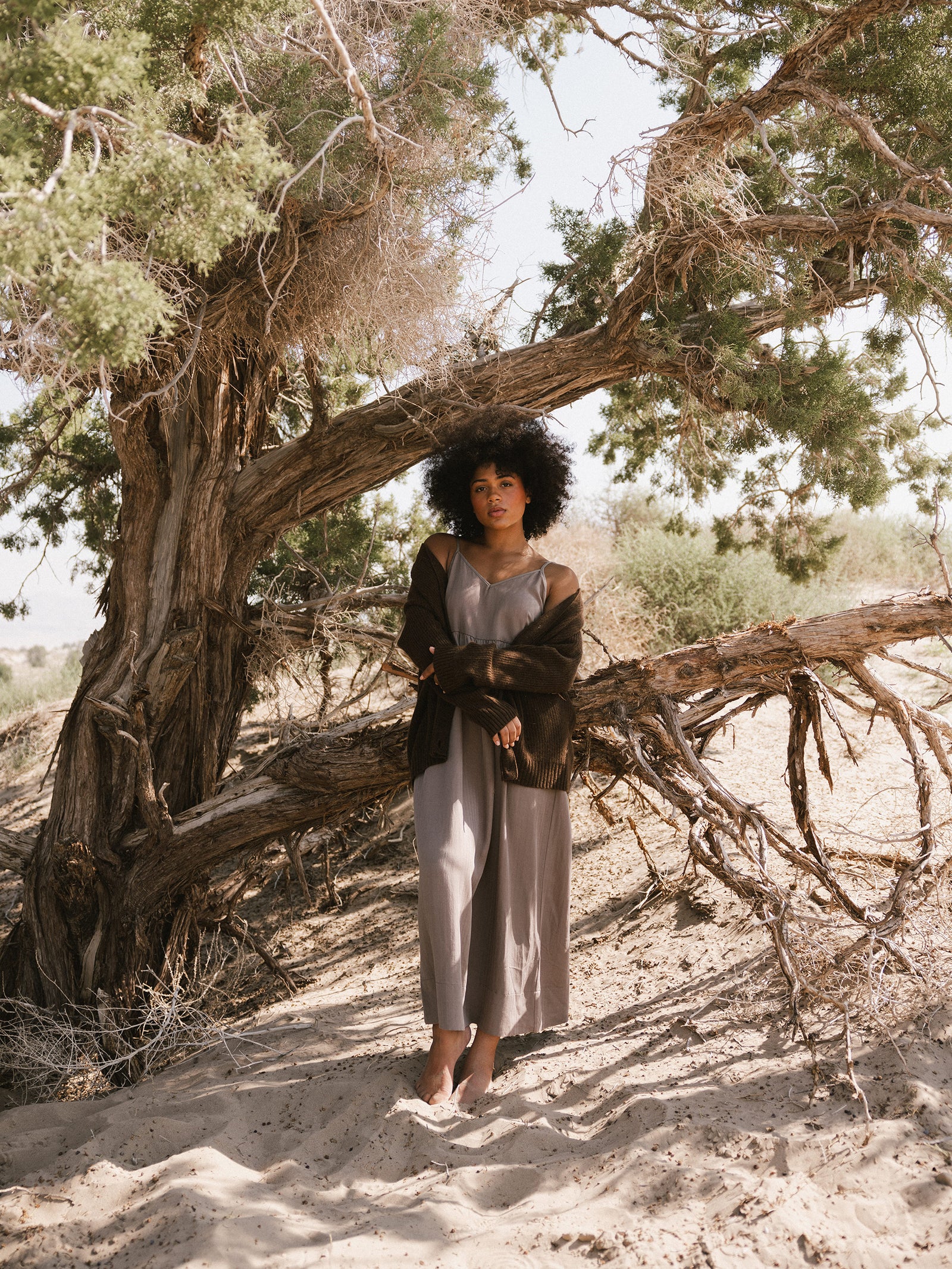 A person with curly hair stands barefoot under a large tree in a desert landscape, dressed in a long dress and the Cozy Earth Oversized Sunday Cashmere Cardigan. The sand and sparse greenery create an impression of a serene, natural environment.