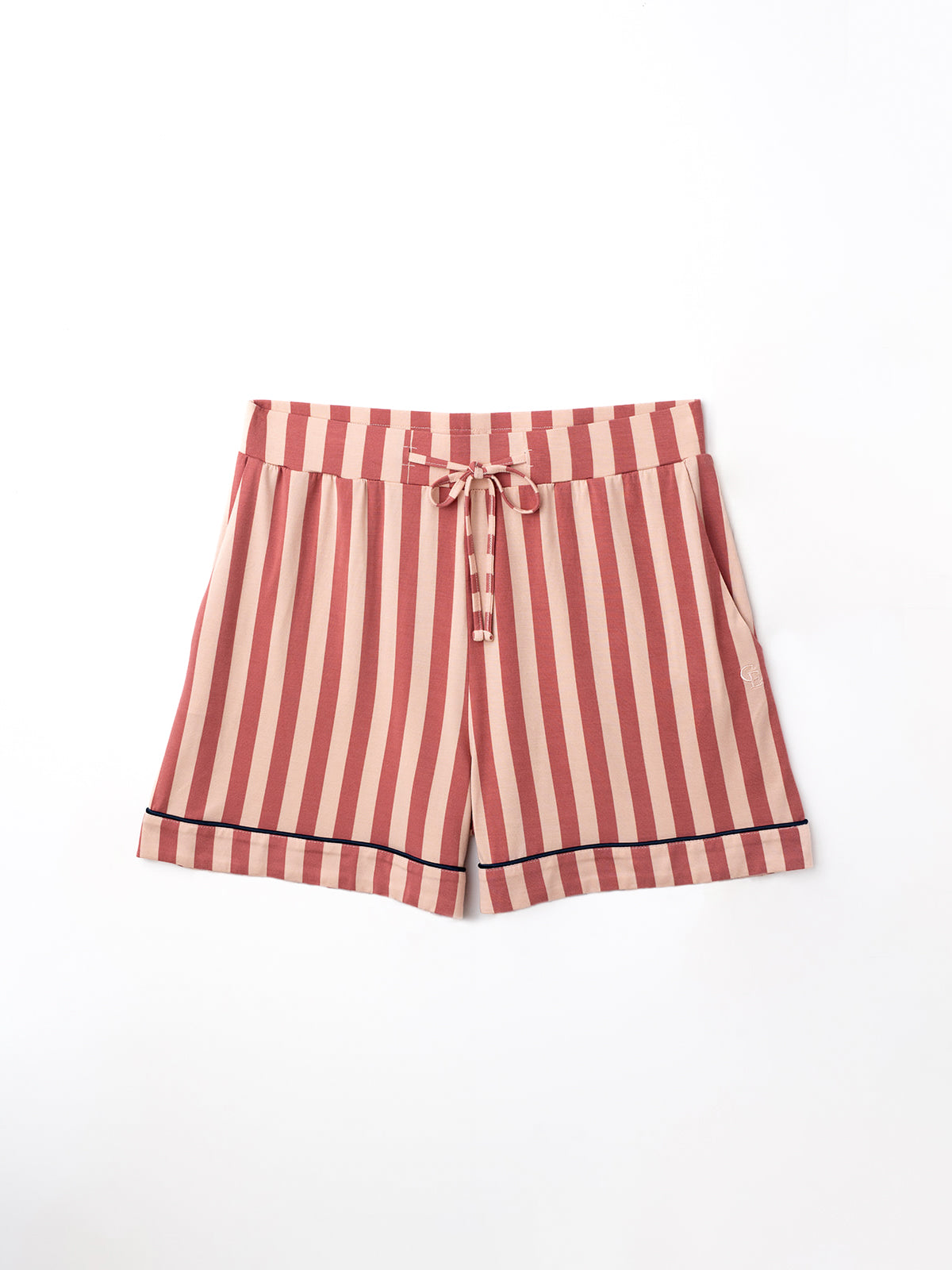 Flat lay of blush stripe pajama shorts 