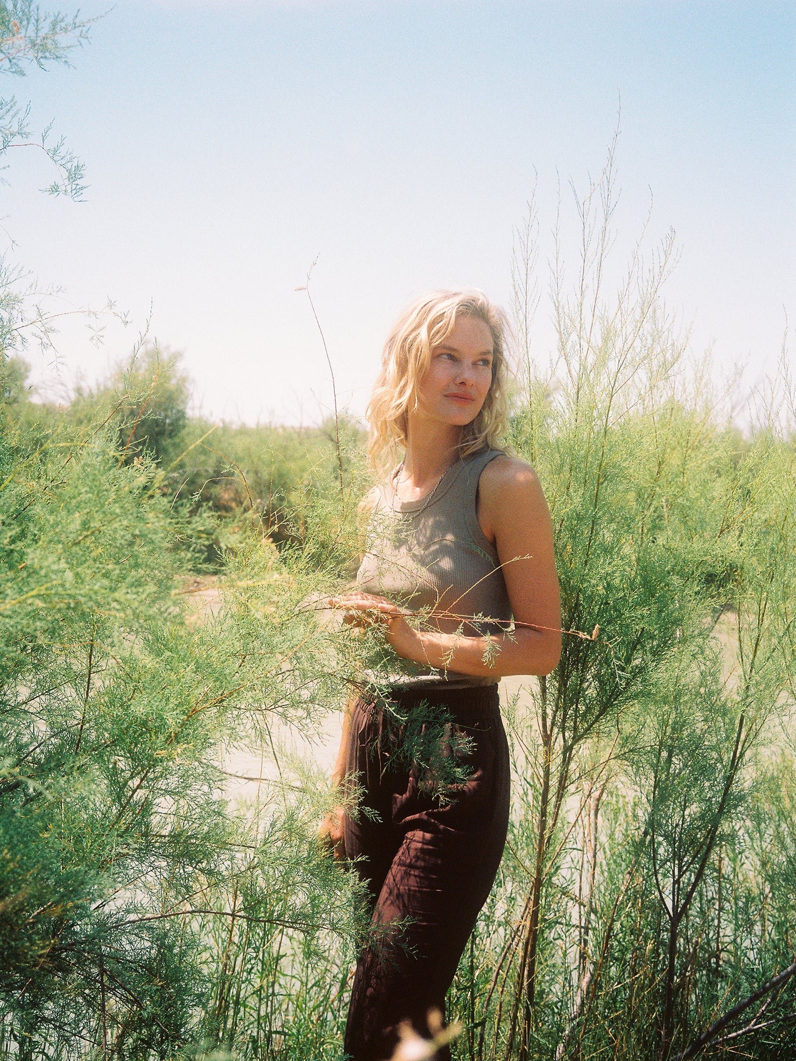 A person with shoulder-length blonde hair stands amidst tall, green, wispy plants. They are wearing a gray sleeveless top and the Women's Sunset Cropped Pant by Cozy Earth, gazing to the side. A bright, clear sky and lush greenery are visible in the background.
