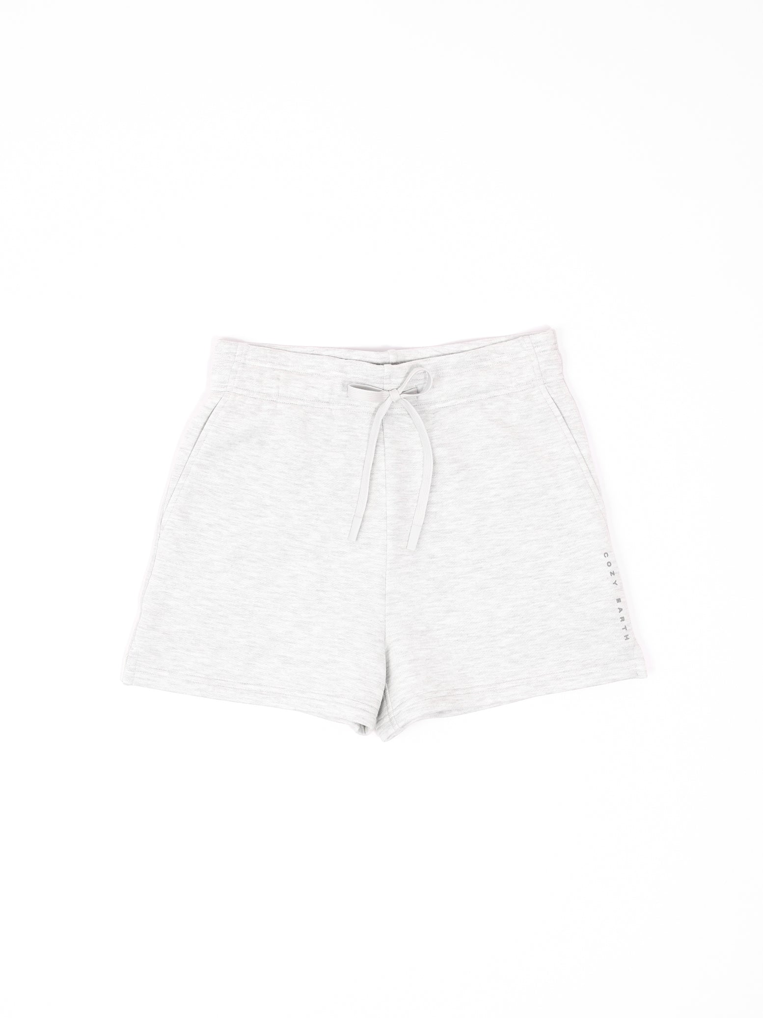 Heather Grey CityScape Shorts. The shorts are laying flat over a background that is white.