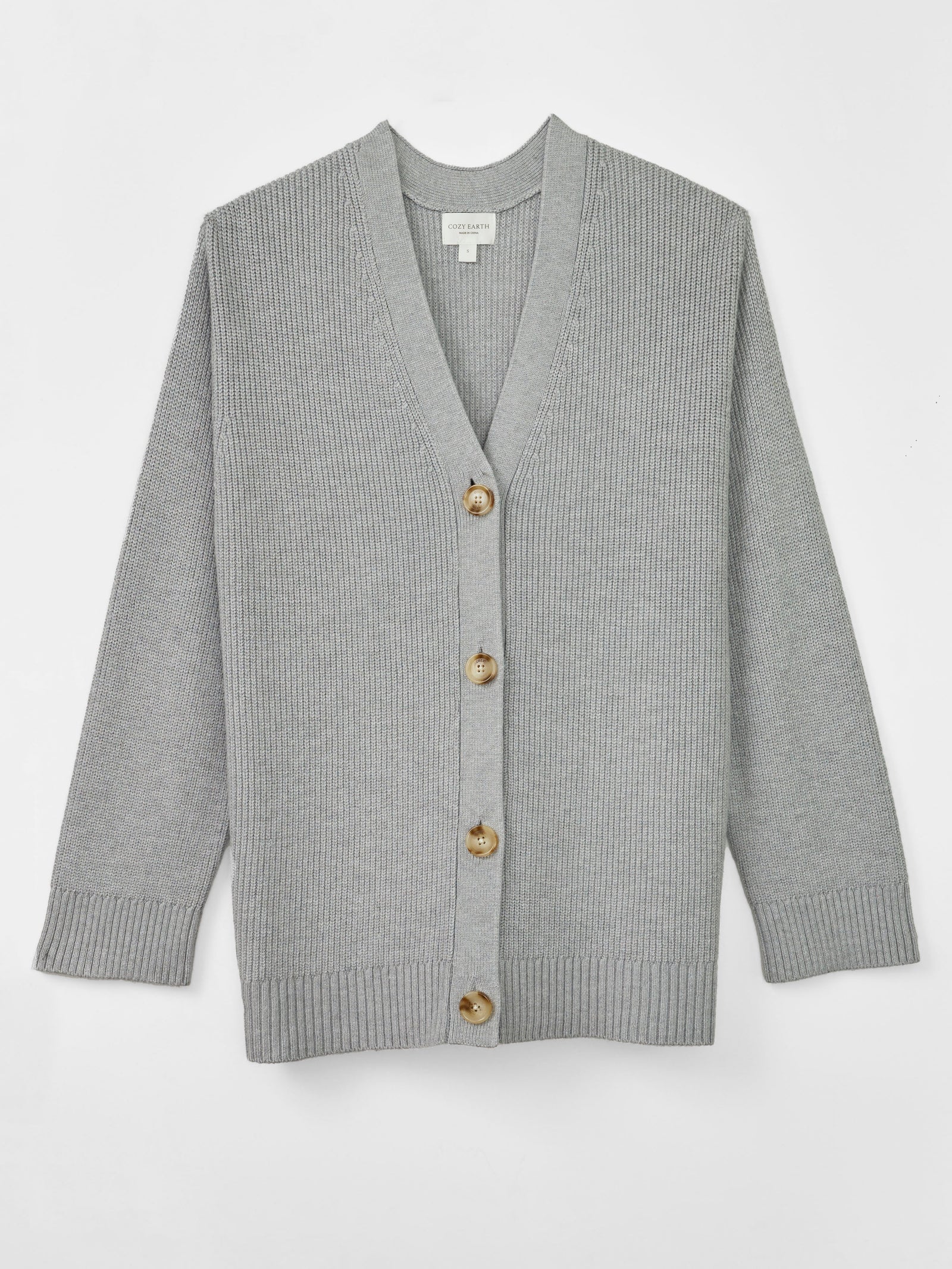A Cozy Earth Classic Cardigan in grey lies on a white background