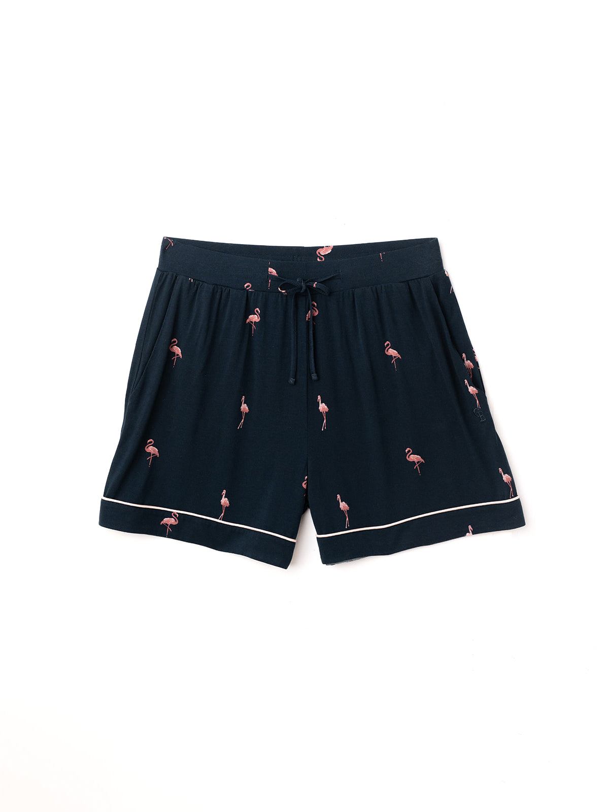 Flat lay of flamingo print pajama shorts 