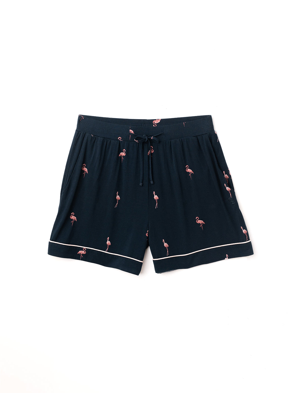 Flat lay of flamingo print pajama shorts