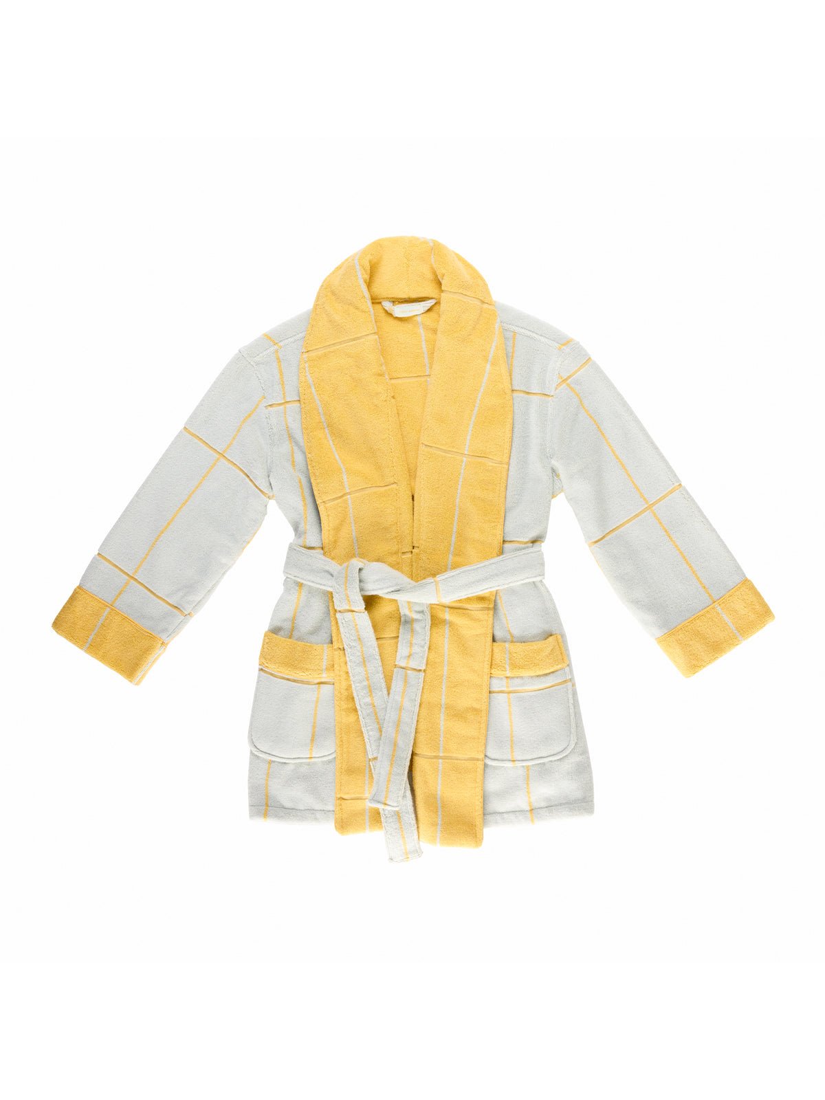 The Windowpane Resort Robe by Cozy Earth is a soft bathrobe with a light gray and yellow grid pattern. It features yellow accents on the collar, cuffs, and belt, has two large front pockets, and includes a matching waist tie.