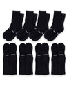 Eight pairs of black Essential Calf Socks by Cozy Earth are shown in two rows; the top row features thin white text on the toes, while the bottom row displays "COZY EARTH" in white across each sock. |Color:Black