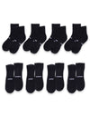 Eight pairs of black Essential Quarter Socks by Cozy Earth are arranged on a white background, each with "COZY" printed in white on the toes. |Color:Black