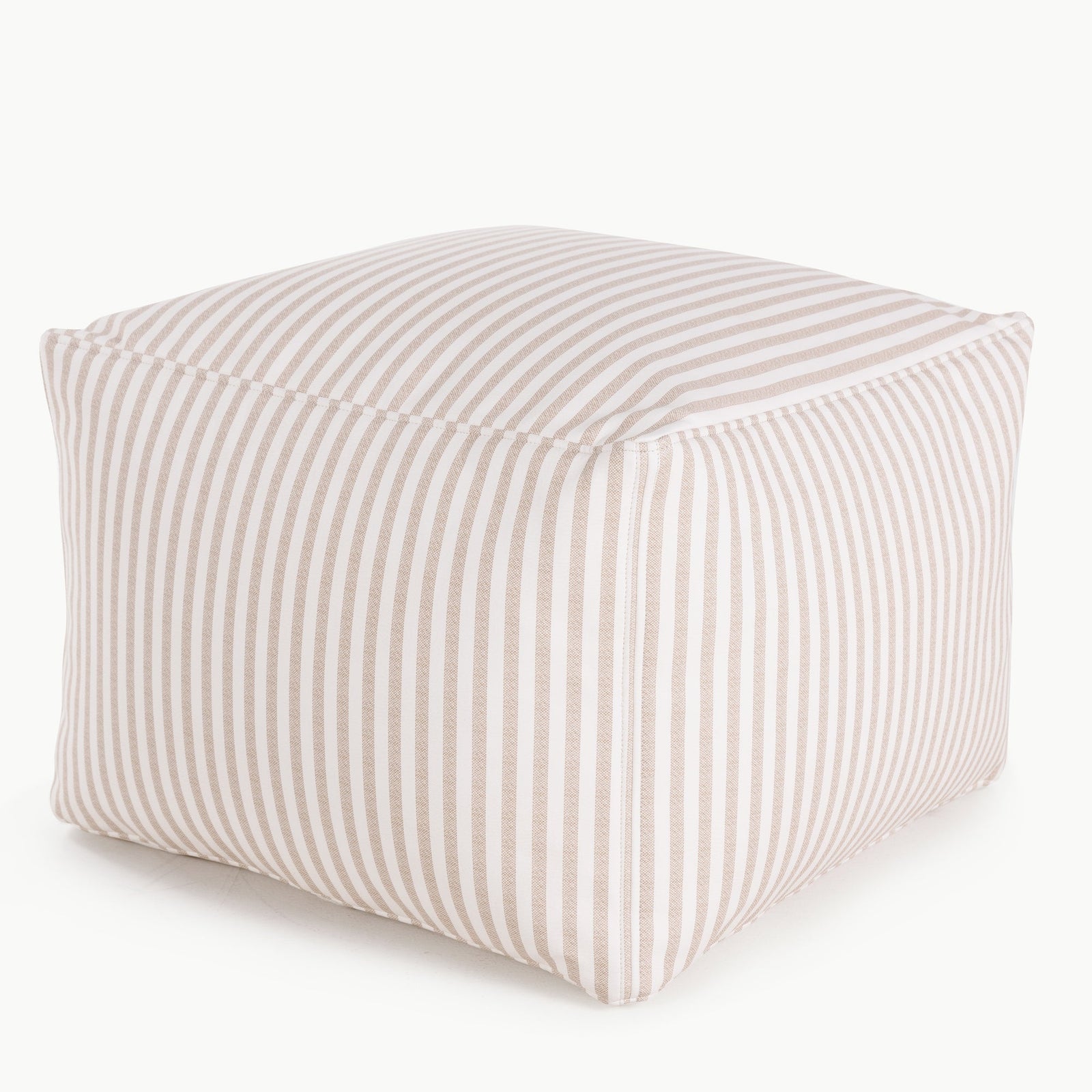 The Gathre Wholesale Pouf is a beige and white striped square ottoman with soft fabric and rounded edges, shown at a slight angle.