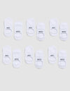 A 6-pack of white Essential No-Show Socks by Cozy Earth, each pair featuring "COZY" or "EARTH" in black text on top, displayed on a light gray background. |Color:White