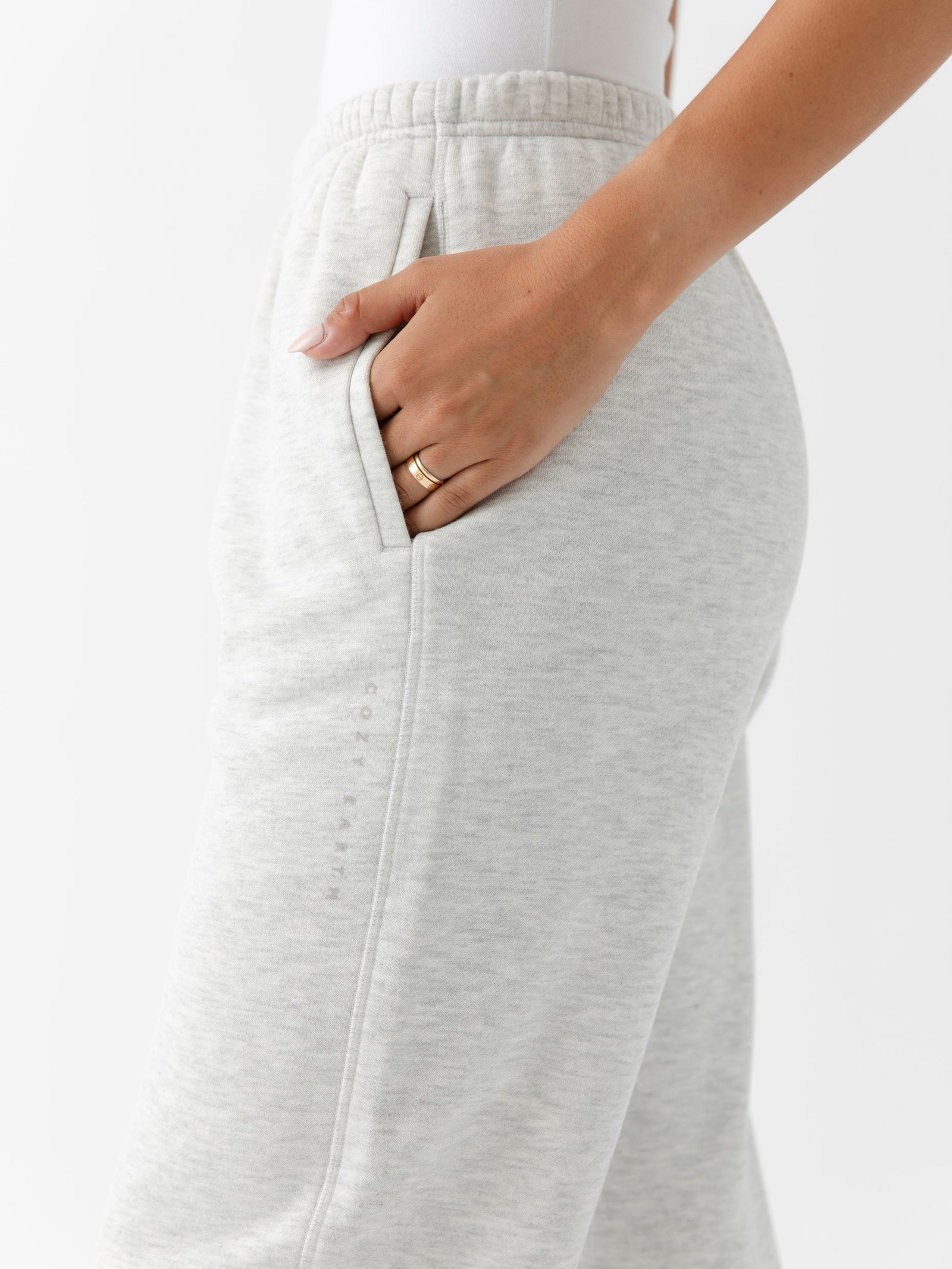Close up of heather grey cityscape sweatpants