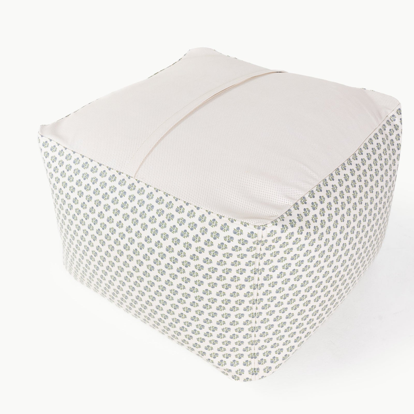 The Gathre Wholesale Pouf features a geometric patterned fabric on the sides and a solid light top, displayed against a white background.