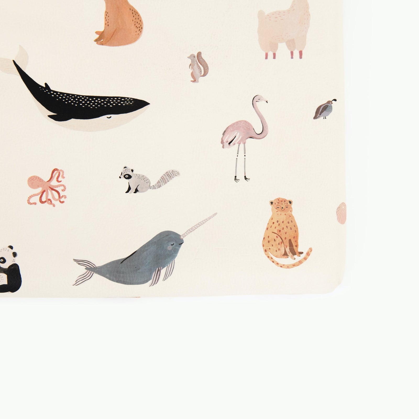 The Gathre Wholesale Padded Changing Mat features charming illustrated animals on a white background, including a narwhal, cheetah, flamingo, octopus, whale shark, panda, alpaca, raccoon, capybara, and two squirrels.