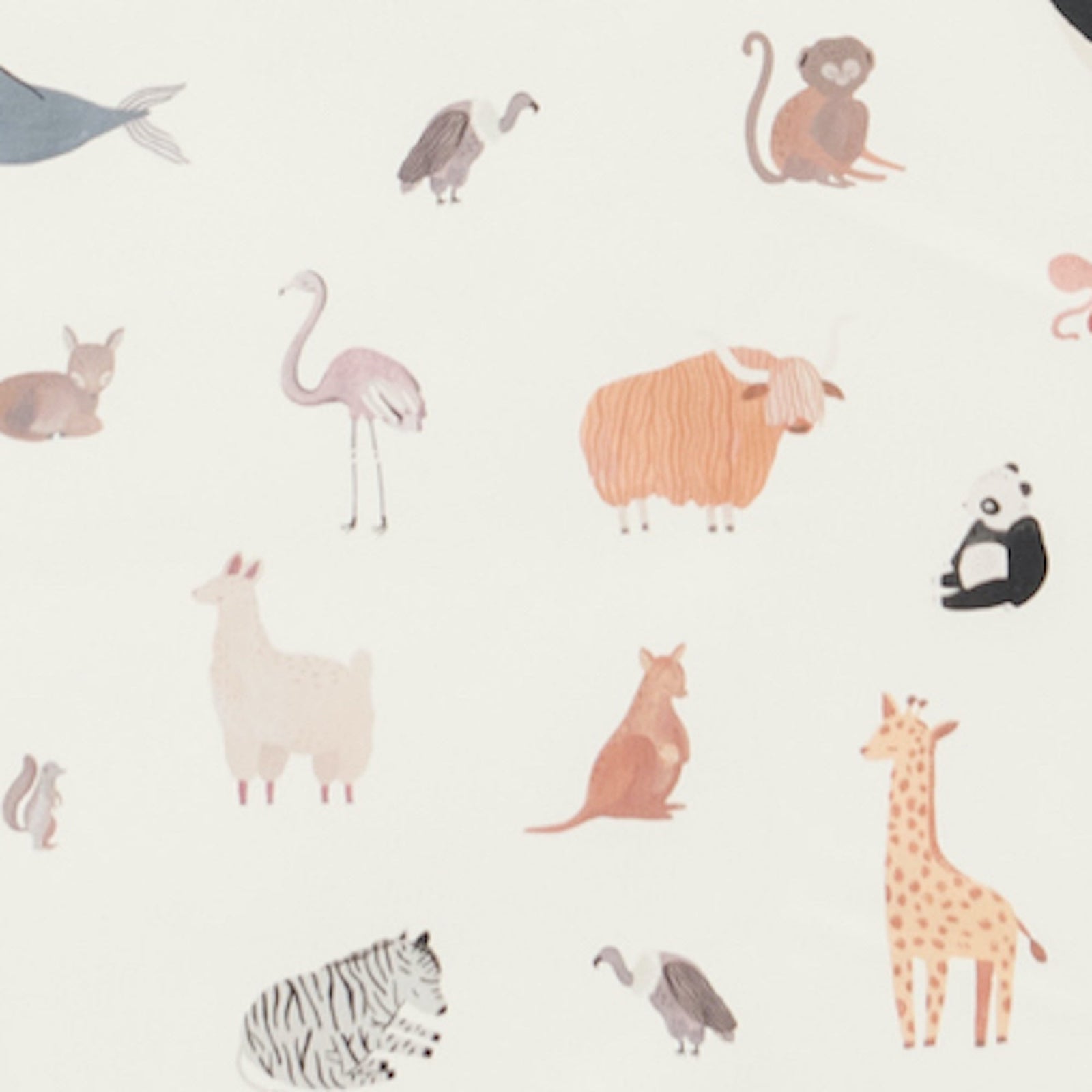 The Gathre Wholesale Pouf features whimsical illustrations of animals like a whale, monkeys, ox, panda, zebra, tiger, giraffe, kangaroo, flamingo, and vulture scattered on a clean white background.