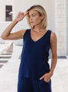 Woman wearing a navy Cozy Earth Rib Knit Bamboo V-Neck Lounge Tank  |Color:Navy