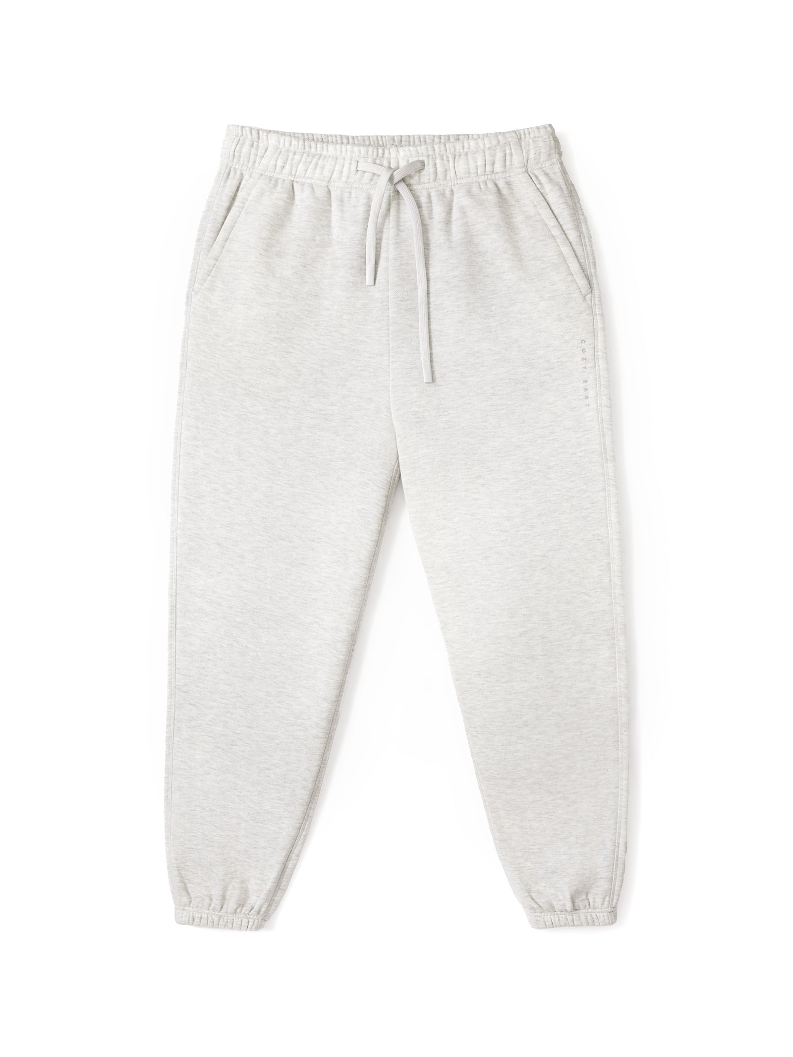 Flat lay of heather grey cityscape sweats with white background 