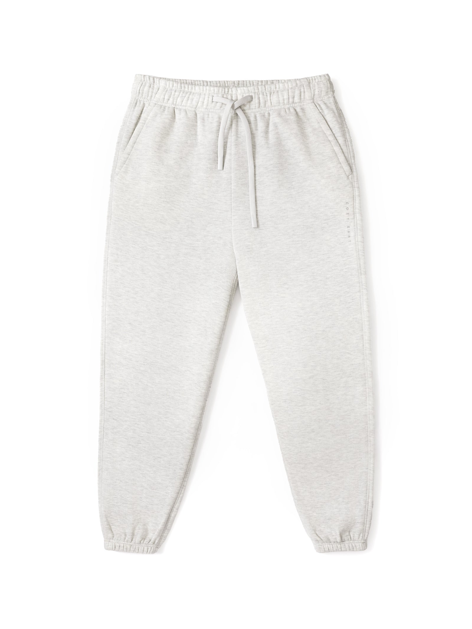 Flat lay of heather grey cityscape sweats with white background