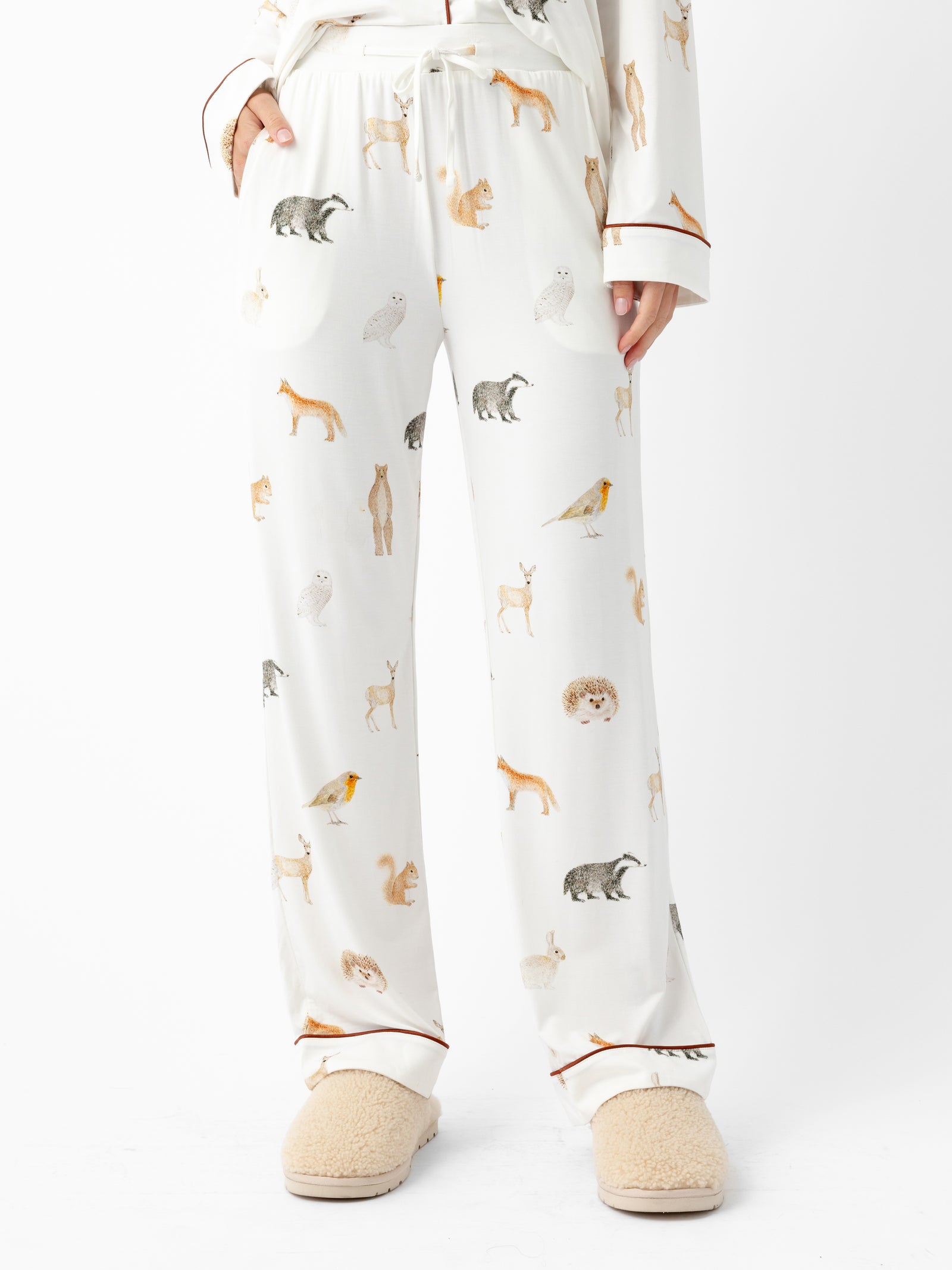 Woman wearing Women's Stretch-Knit Bamboo Pajama Pant in Woodland Creatures Ivory