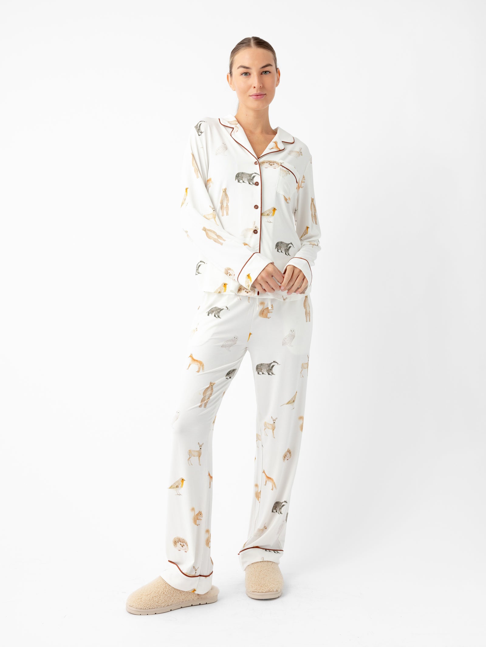 Woman wearing Women's Stretch-Knit Bamboo Pajama Pant in Woodland Creatures Ivory
