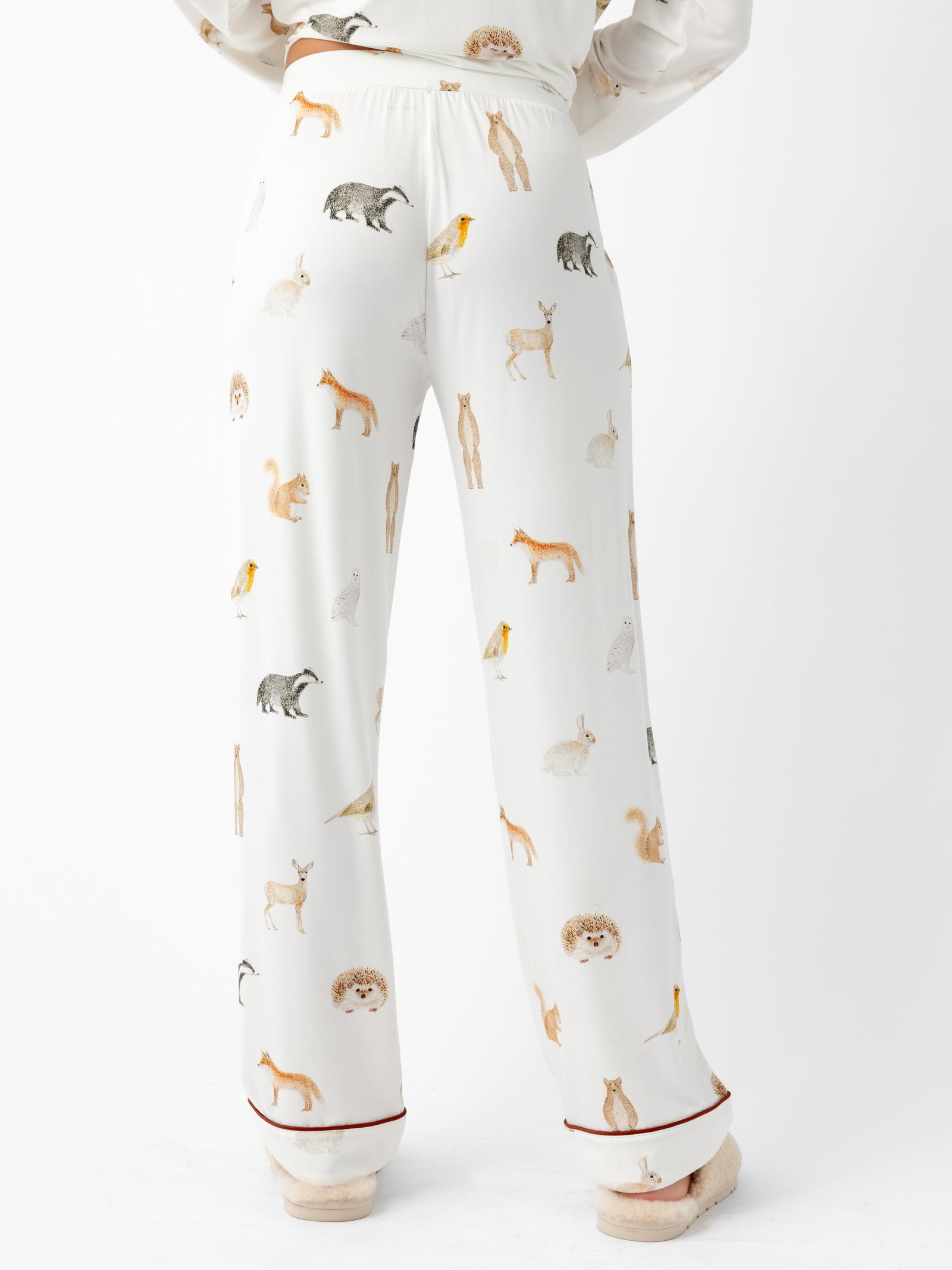 Woman wearing Women's Stretch-Knit Bamboo Pajama Pant in Woodland Creatures Ivory