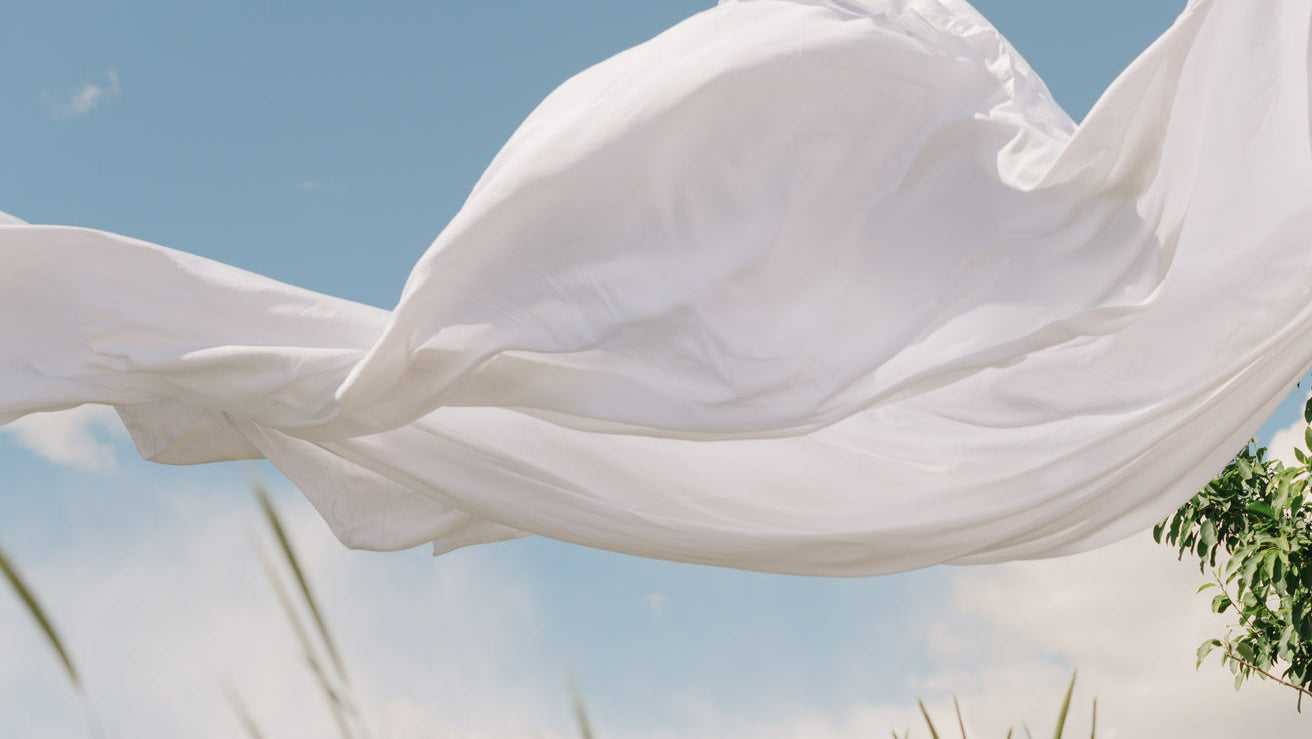 A white sheet billows gracefully in the wind against a blue sky with clouds, above tall green grass and leafy branches.