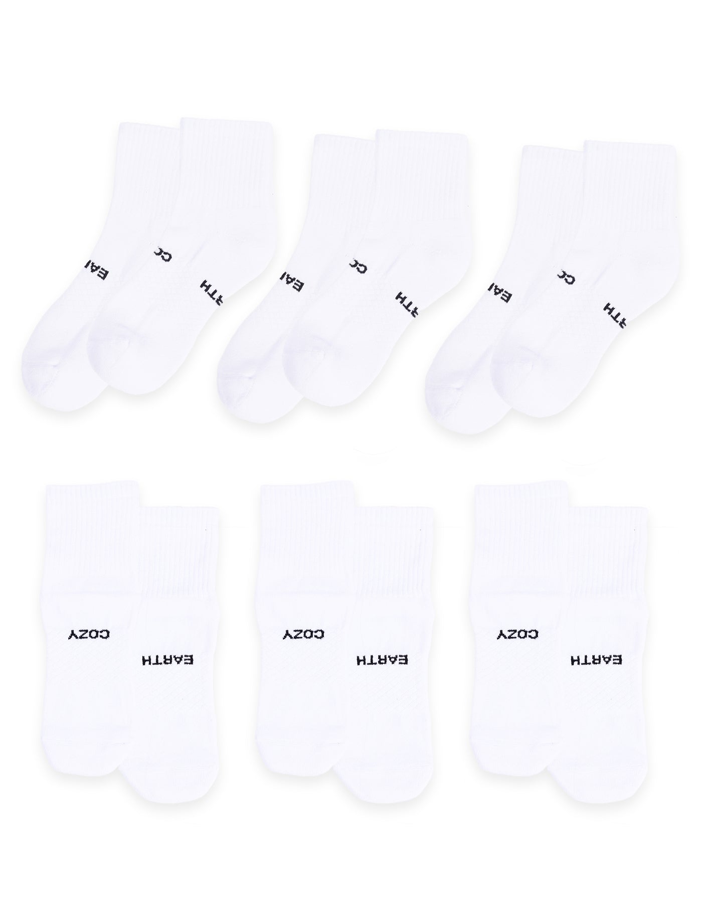 Six pairs of Cozy Earth Essential Quarter Socks are arranged in two rows, each with ribbed cuffs and "EARTH" and "COZY" printed in black on the soles. The socks are plain white and come as a 6-pack. |Color:White