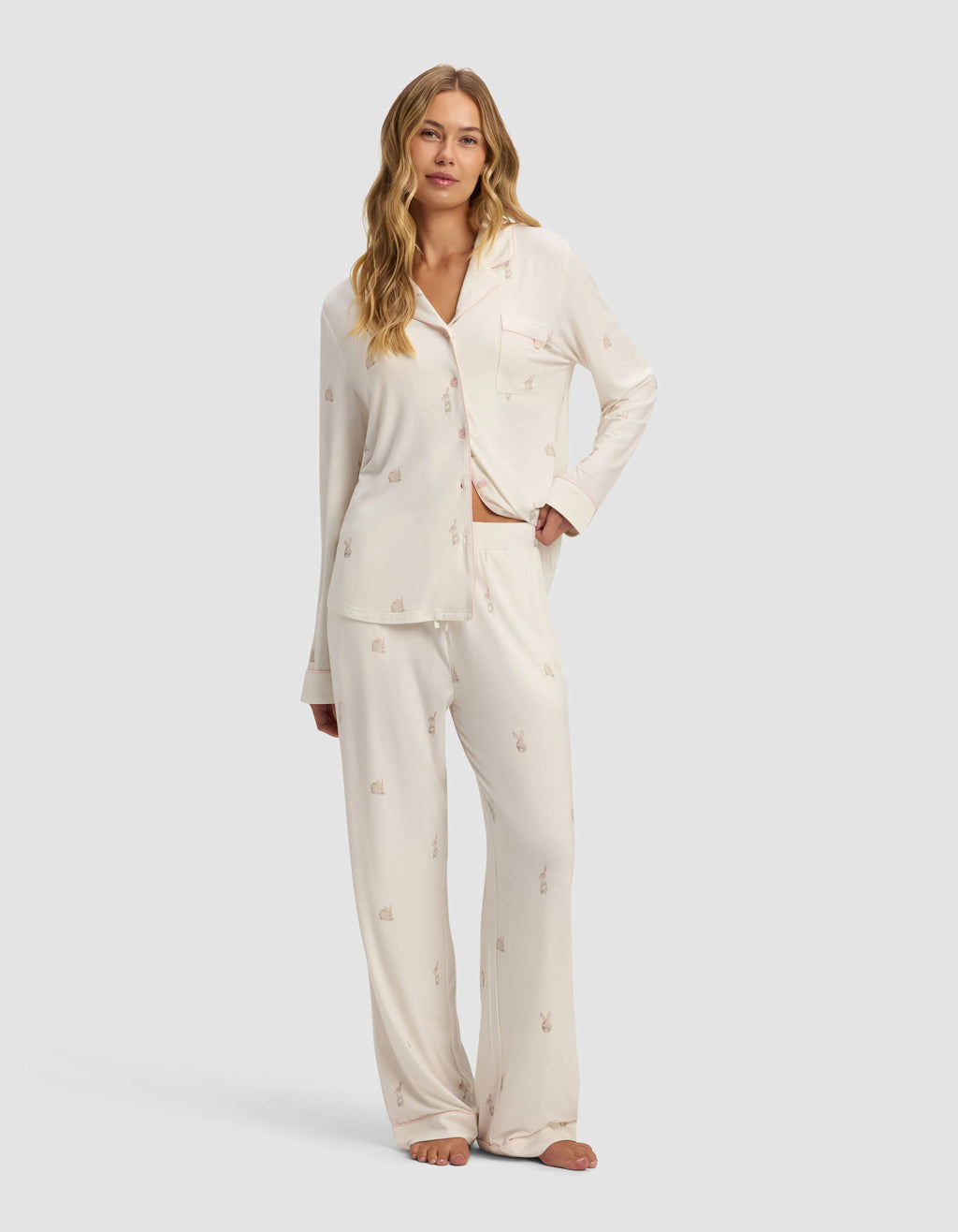 Cozy Earth Women's Bamboo Stretch-Knit Long Sleeve Pajama Set, Ivory / XL