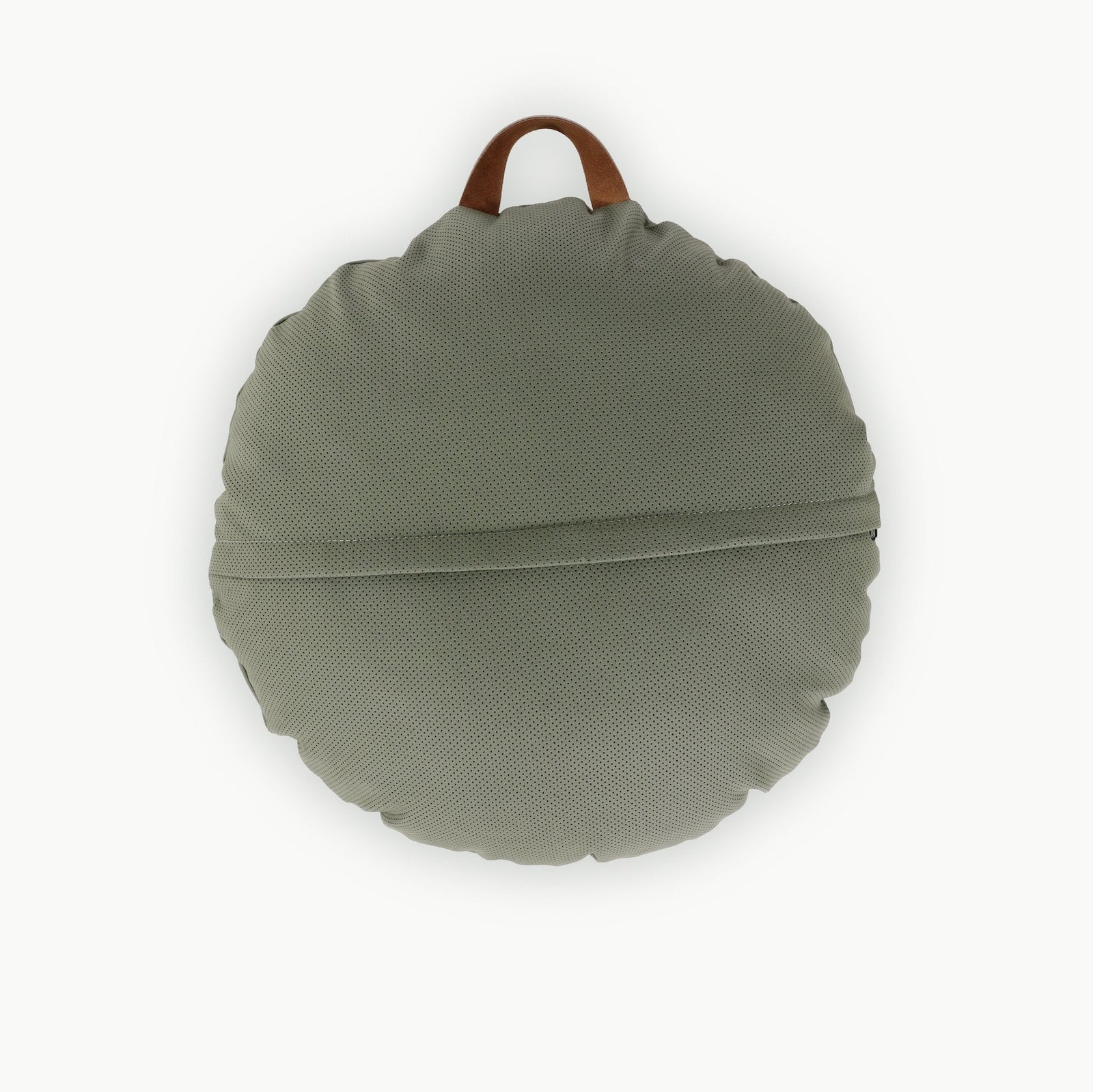 The Gathre Wholesale Floor Cushion is round, sage green with textured fabric, a horizontal middle seam, and a brown handle at the top—shown on a white background.