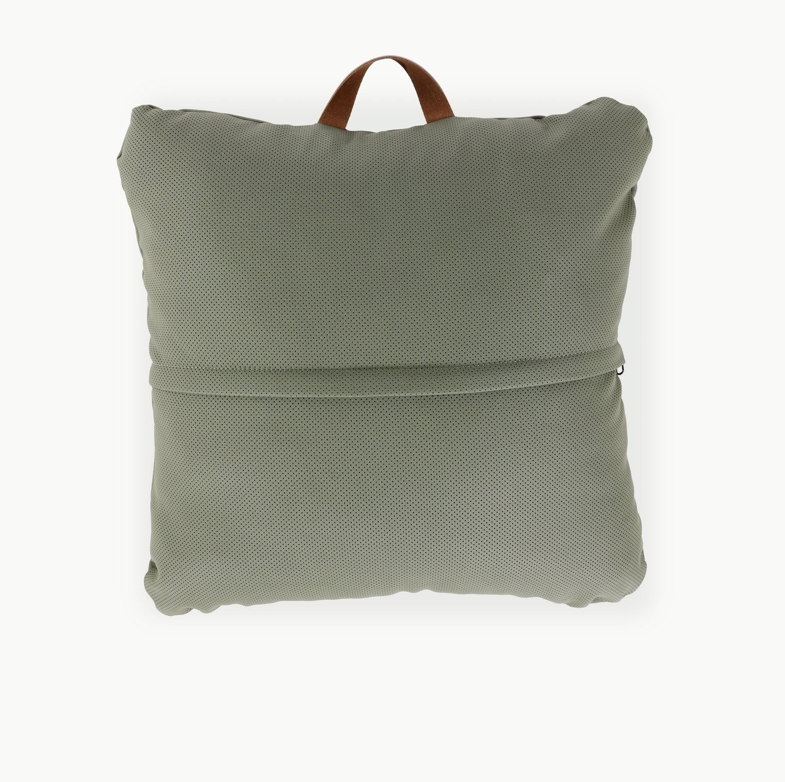 The Gathre Wholesale Floor Cushion is a square, textured sage green pillow with a horizontal seam and a brown leather loop handle at the top, shown on a plain white background.