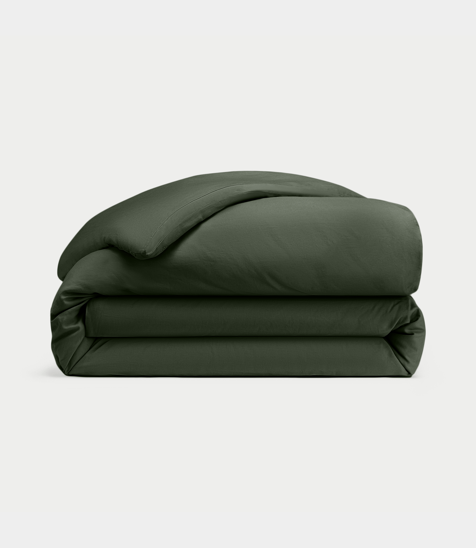 Olive Linen Duvet Cover neatly folded over white background.