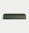 Olive Bamboo Linen Fitted Sheet Folded over a white background. |Color: Olive