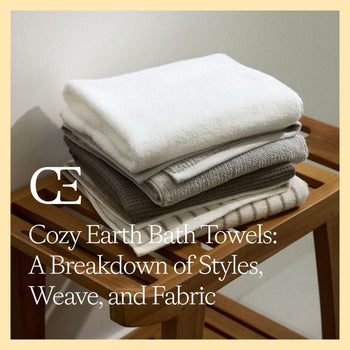 A stack of Cozy Earth Bath Towels on a stool