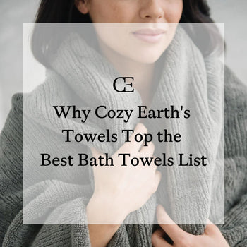 A woman holds a Cozy Earth Bath Towel over her shoulders