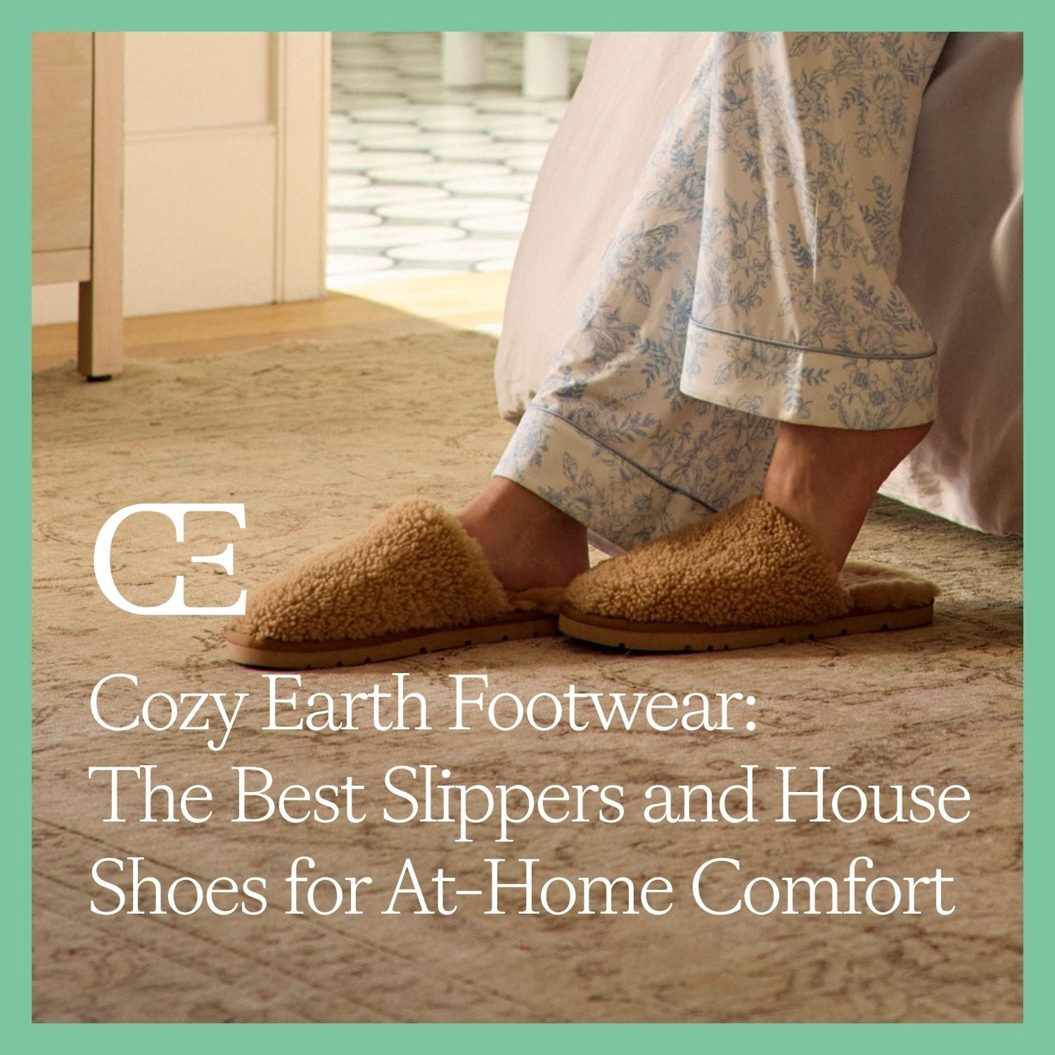 a close up of a woman's feet wearing slippers on carpet